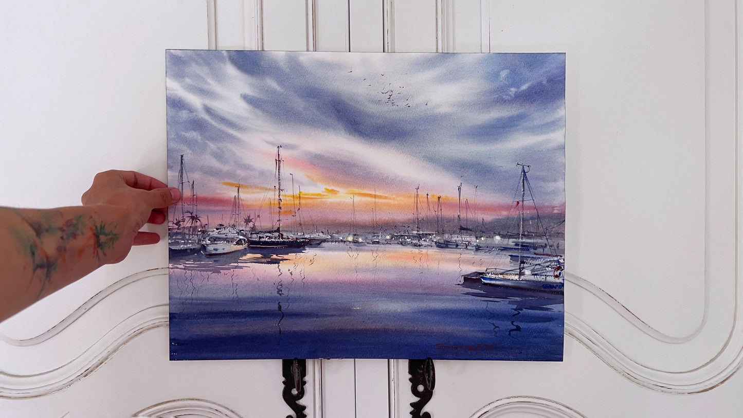 Original Valencia Marina Watercolor Painting | Spain Sunset Seascape Art |Evening harbor in Valencia 12x16 in