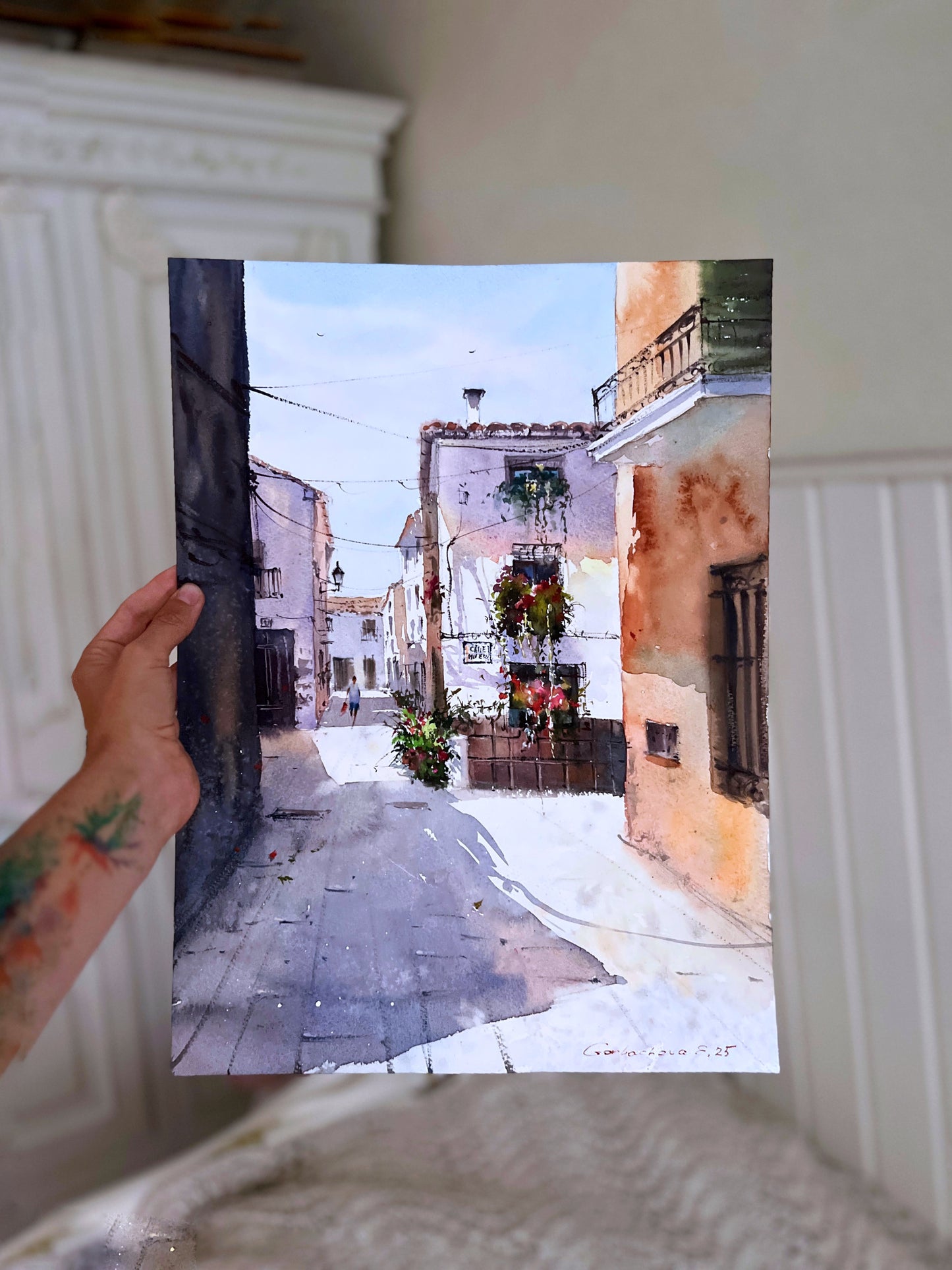 Authentic Spain Alley Watercolor Painting, Spanish Morning 12x16 in