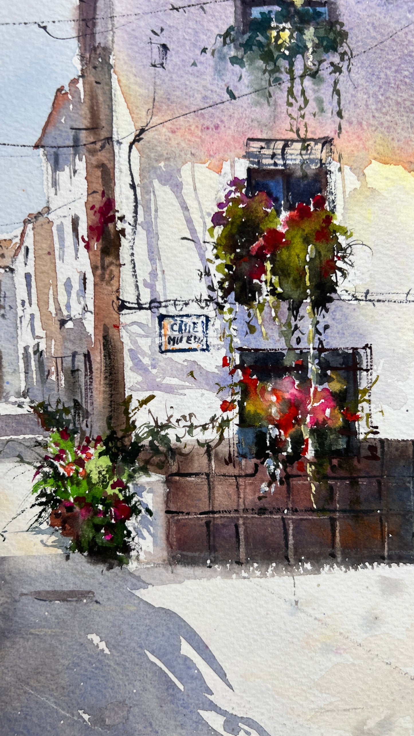 Authentic Spain Alley Watercolor Painting, Spanish Morning 12x16 in