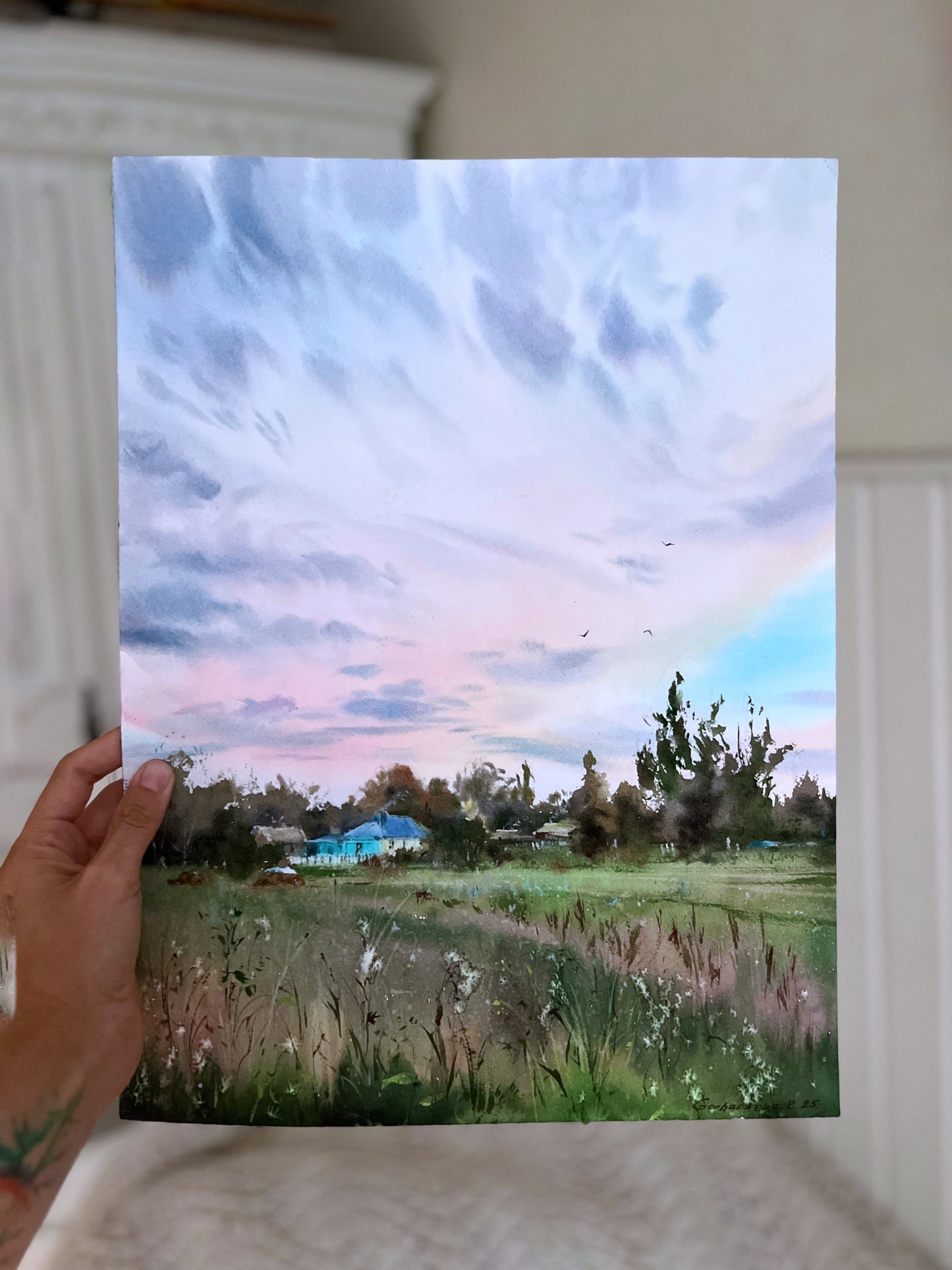 Original Field Sunset Watercolor Painting | Pink Sky Rural Landscape Art,  Under the Wide Sky 12x16