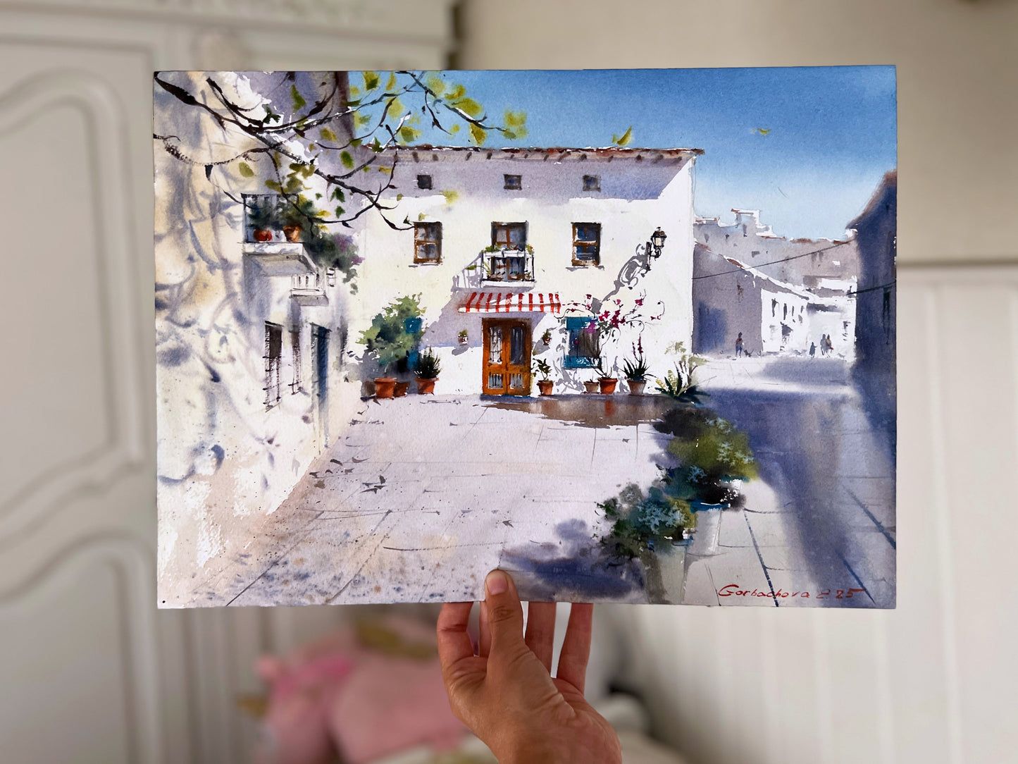 Spanish White Town Watercolor Art | Mediterranean Street Scene Painting | Sunny Spain Travel  | Spanish Afternoon 12x16 in