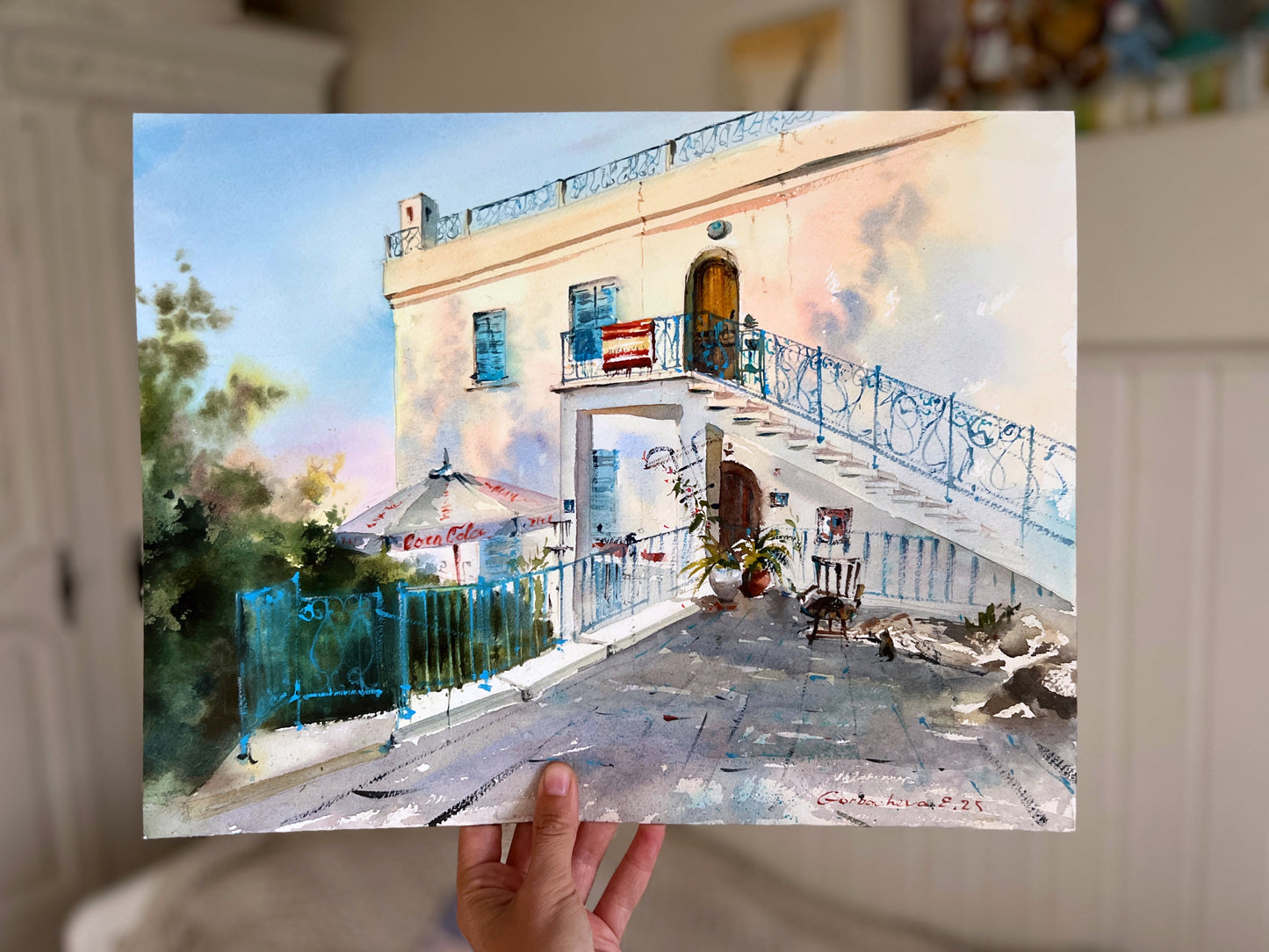 Original Cyprus Watercolor Painting | Cypriot House Architecture Art |Cyprus Afternoon 12x16 in