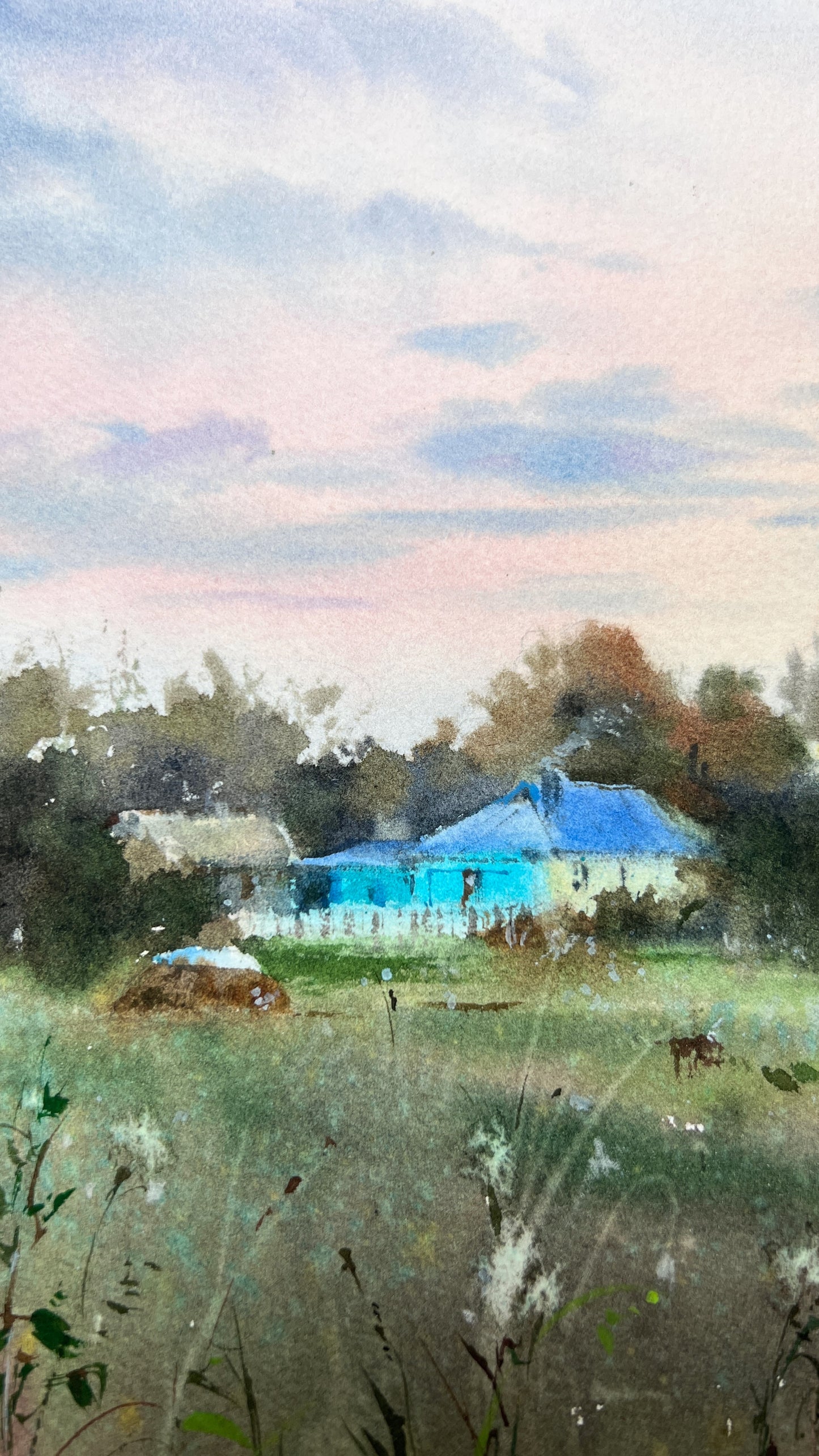Original Field Sunset Watercolor Painting | Pink Sky Rural Landscape Art,  Under the Wide Sky 12x16