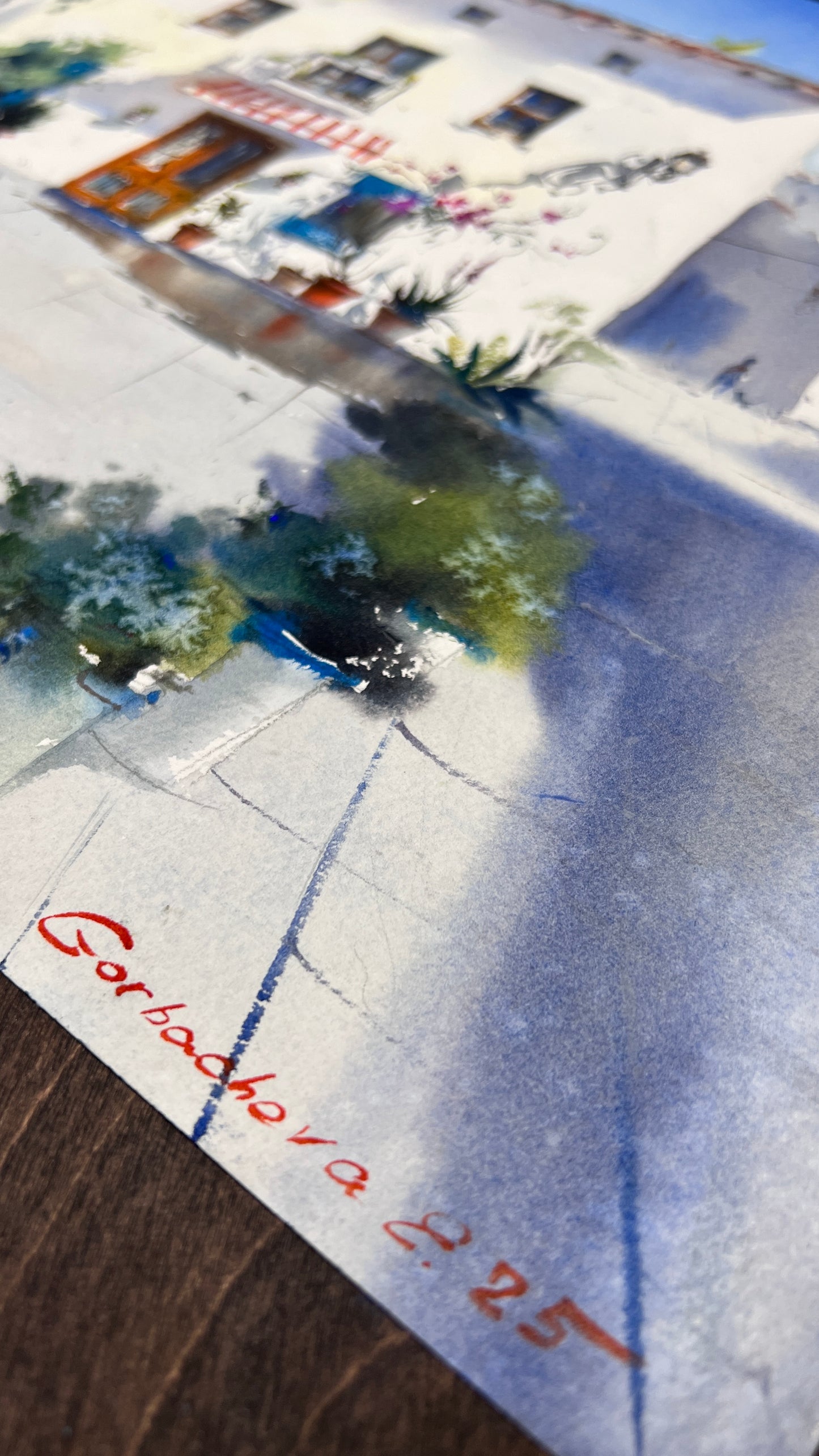 Spanish White Town Watercolor Art | Mediterranean Street Scene Painting | Sunny Spain Travel  | Spanish Afternoon 12x16 in