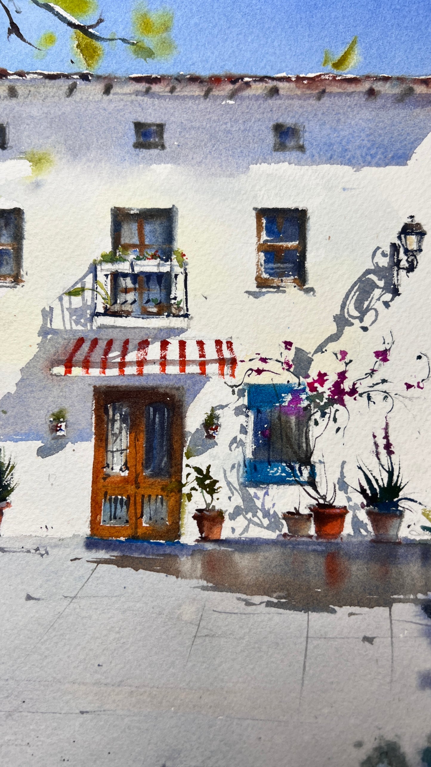 Spanish White Town Watercolor Art | Mediterranean Street Scene Painting | Sunny Spain Travel  | Spanish Afternoon 12x16 in