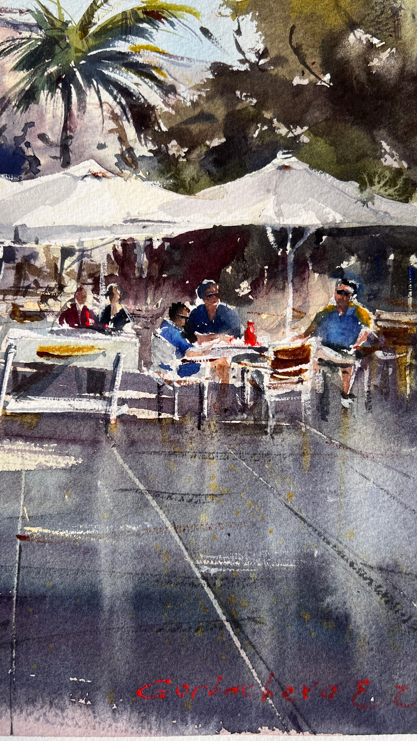 Valencia Spain Watercolor Painting, Mediterranean Cafe Wall Art, Sun Over the Plaza 15x15