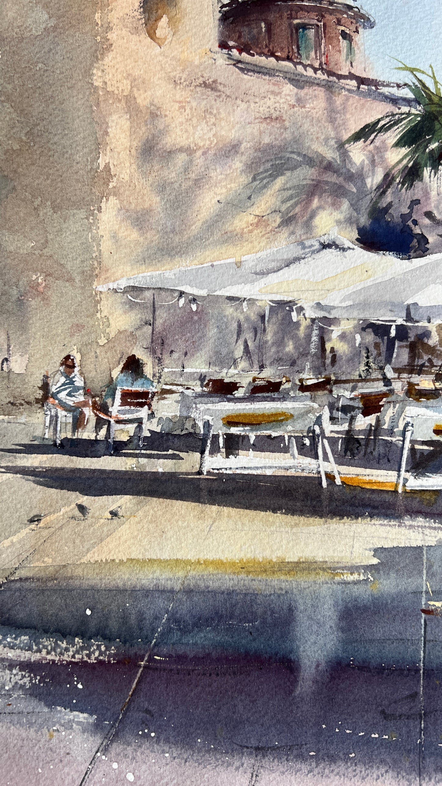 Valencia Spain Watercolor Painting, Mediterranean Cafe Wall Art, Sun Over the Plaza 15x15