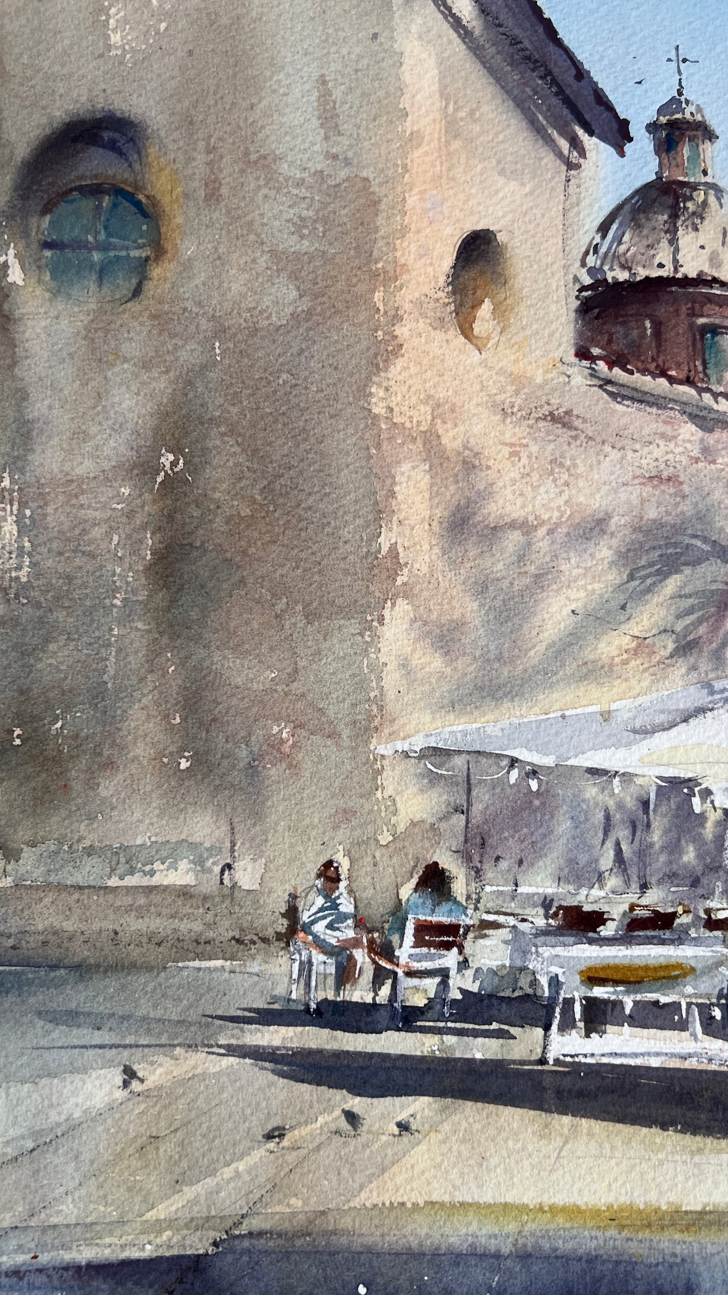 Valencia Spain Watercolor Painting, Mediterranean Cafe Wall Art, Sun Over the Plaza 15x15