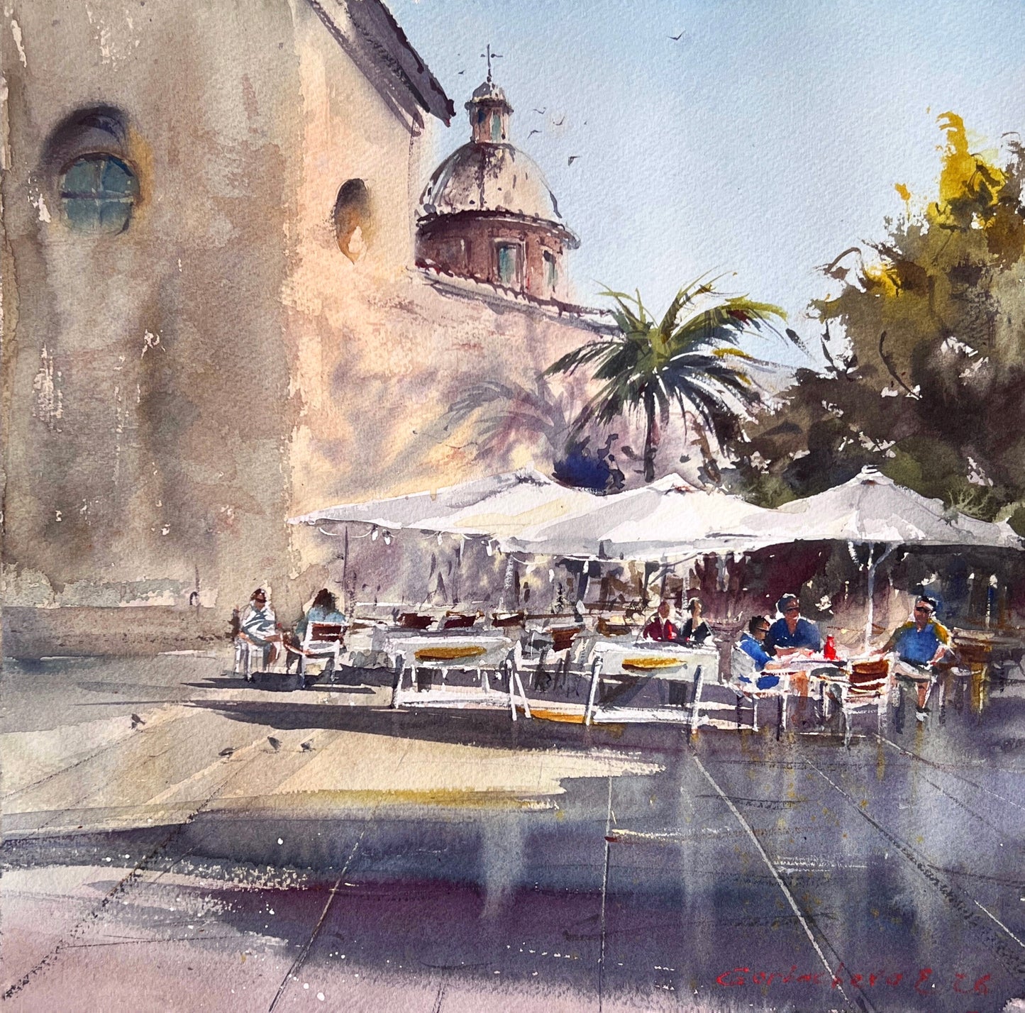 Valencia Spain Watercolor Painting, Mediterranean Cafe Wall Art, Sun Over the Plaza 15x15
