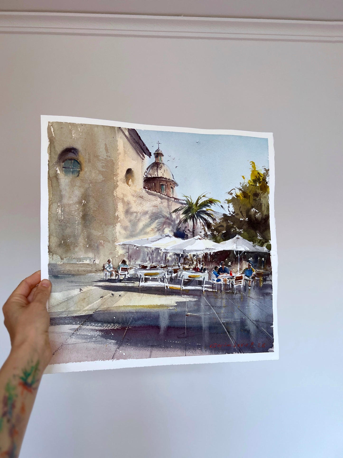 Valencia Spain Watercolor Painting, Mediterranean Cafe Wall Art, Sun Over the Plaza 15x15