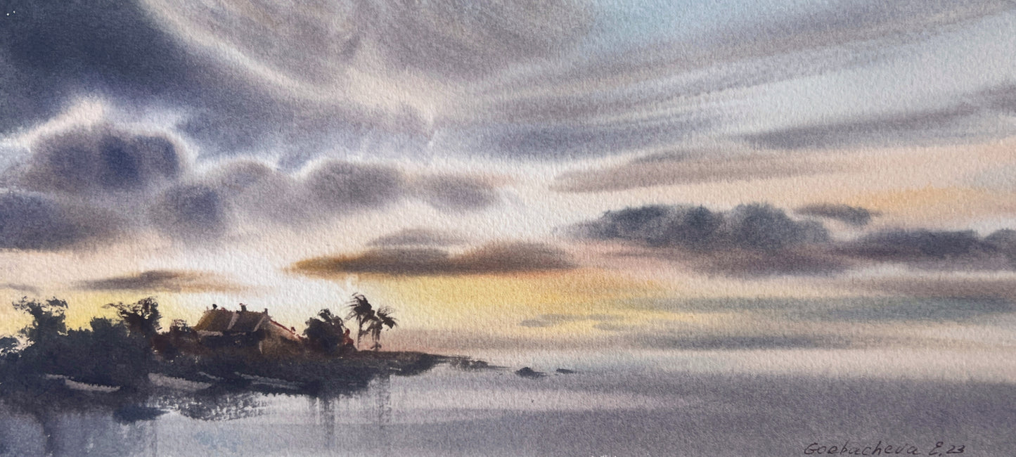 Colorful Coastal Painting, Original Watercolor, Abstract Ocean Artwork, Modern Beach Art, Tropical Sunset, Palm Trees
