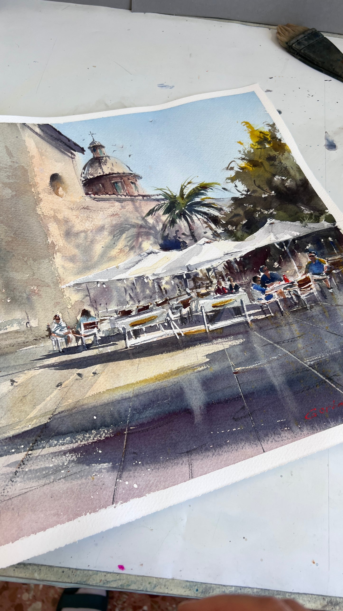 Valencia Spain Watercolor Painting, Mediterranean Cafe Wall Art, Sun Over the Plaza 15x15