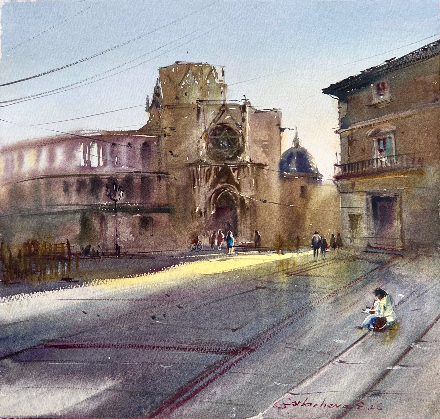 Valencia Watercolor Painting, Spain Cityscape Art, Valencia Morning Glow 14x15