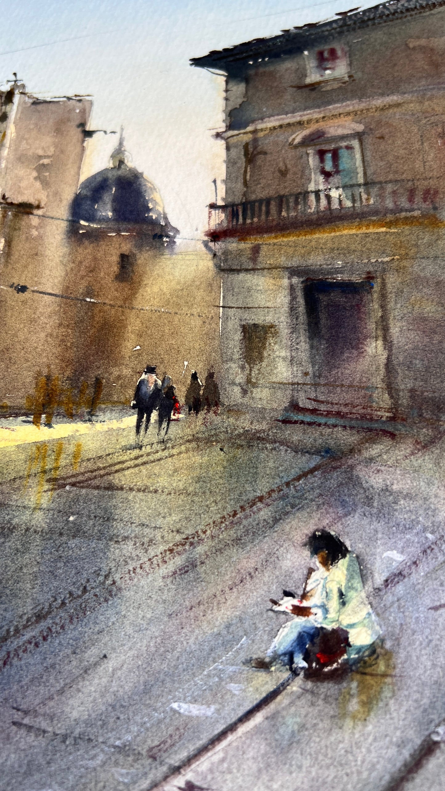 Valencia Watercolor Painting, Spain Cityscape Art, Valencia Morning Glow 14x15