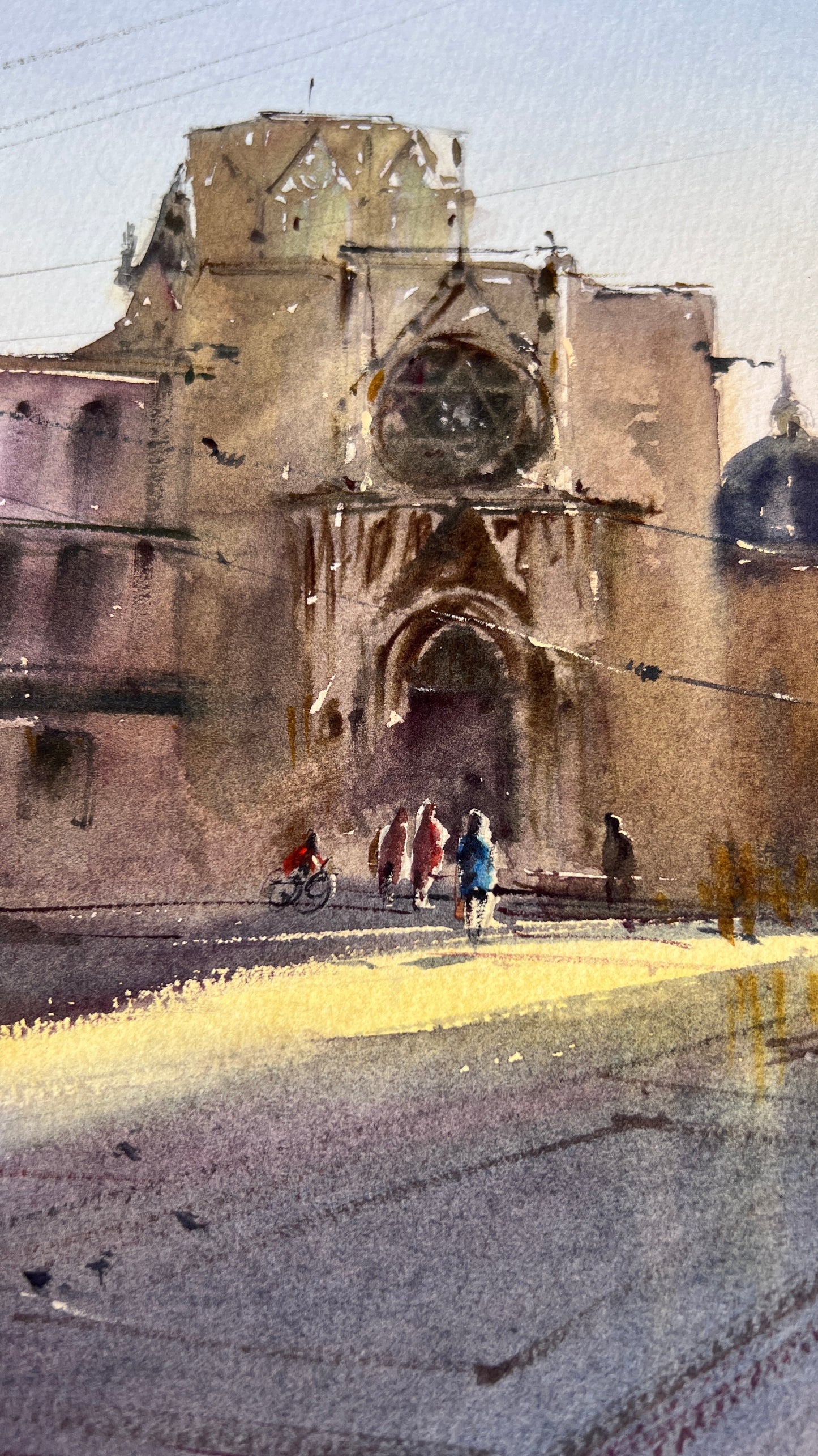 Valencia Watercolor Painting, Spain Cityscape Art, Valencia Morning Glow 14x15