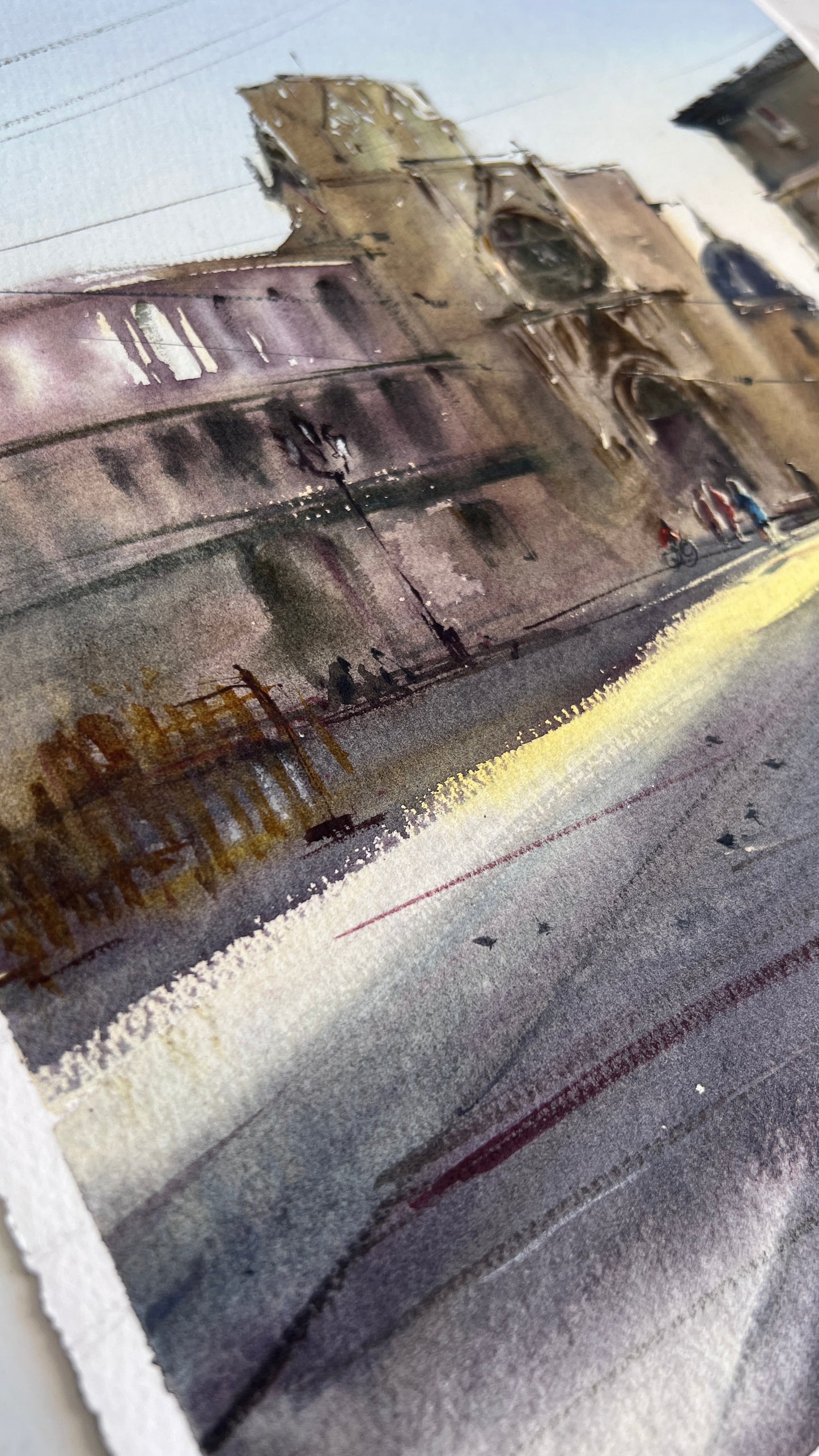 Valencia Watercolor Painting, Spain Cityscape Art, Valencia Morning Glow 14x15