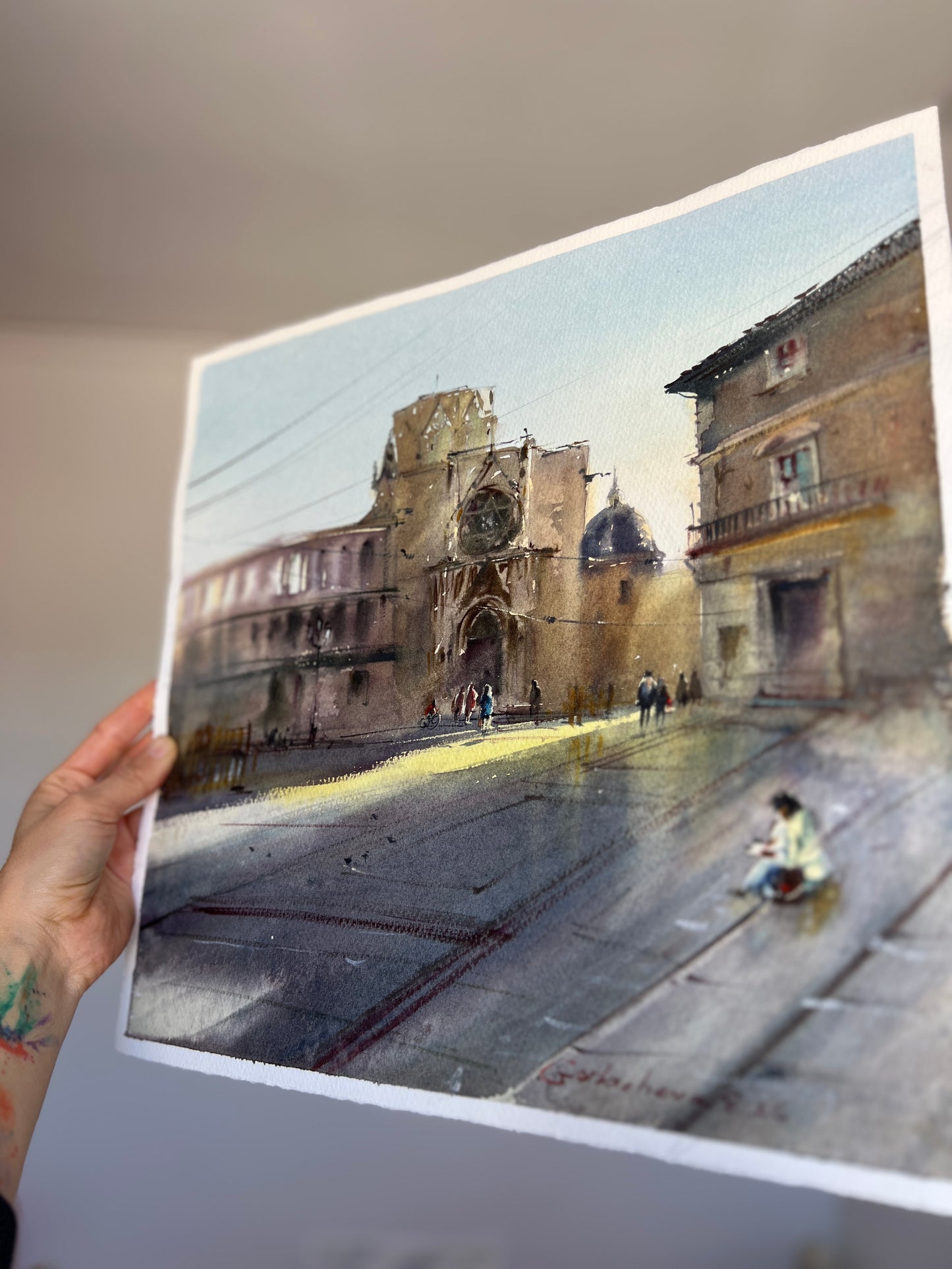 Valencia Watercolor Painting, Spain Cityscape Art, Valencia Morning Glow 14x15