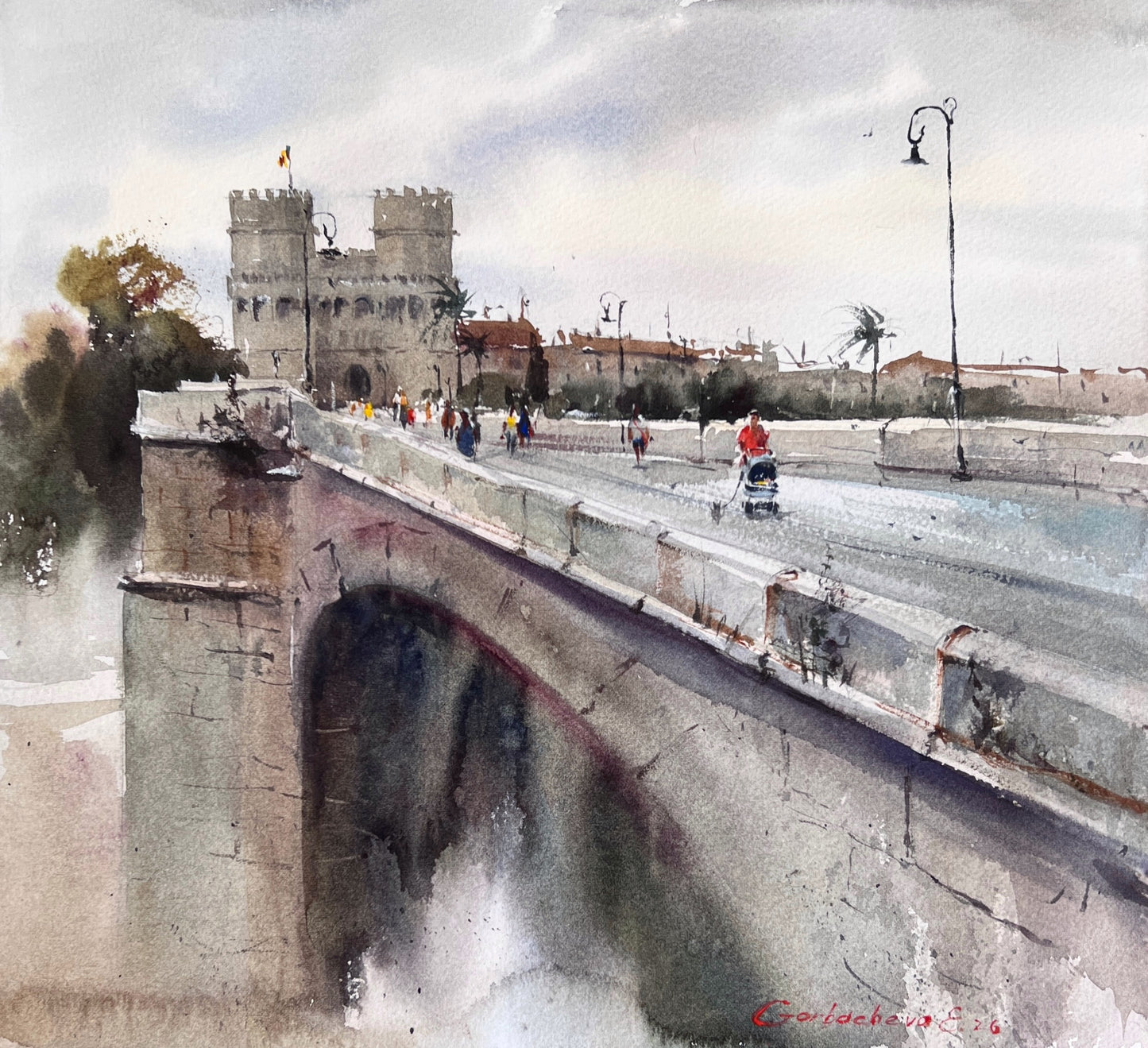 Valencia Watercolor Painting Print, Historic Bridge Torres de Serranos, Valencia Dreaming Towers 14x14.4