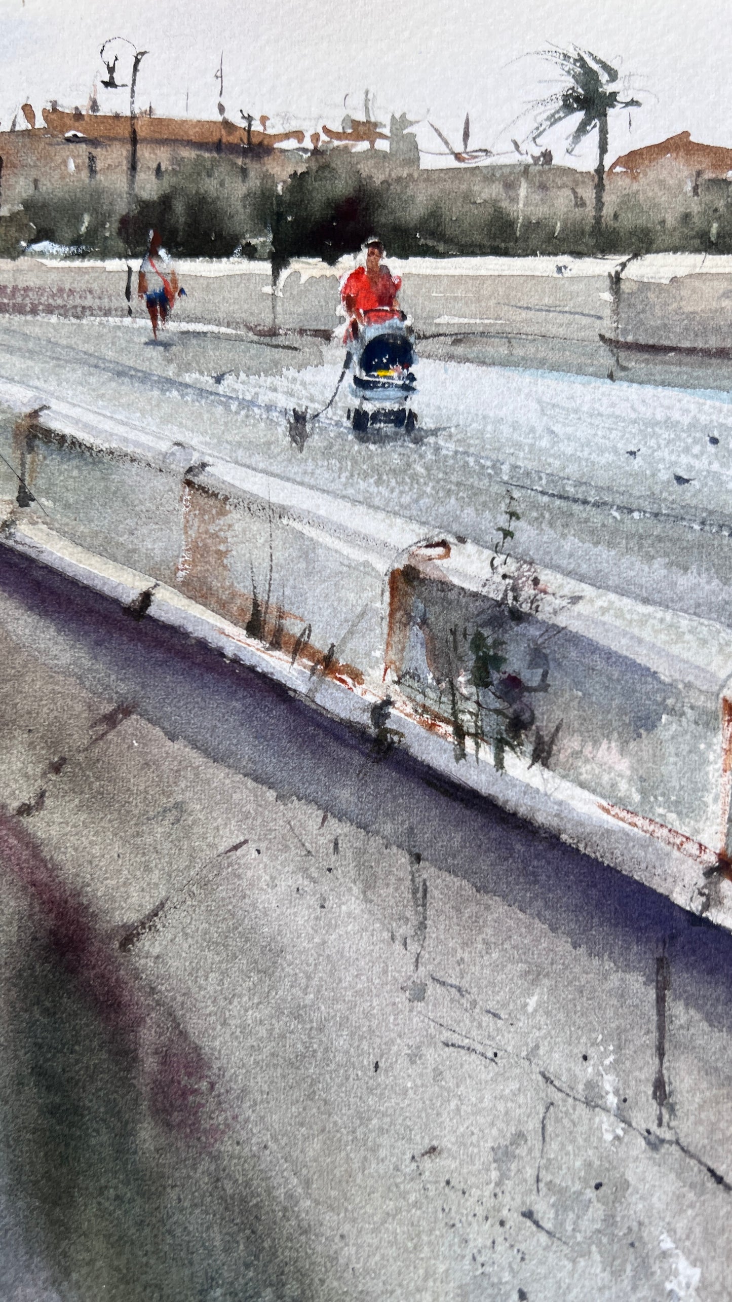 Valencia Watercolor Painting Print, Historic Bridge Torres de Serranos, Valencia Dreaming Towers 14x14.4