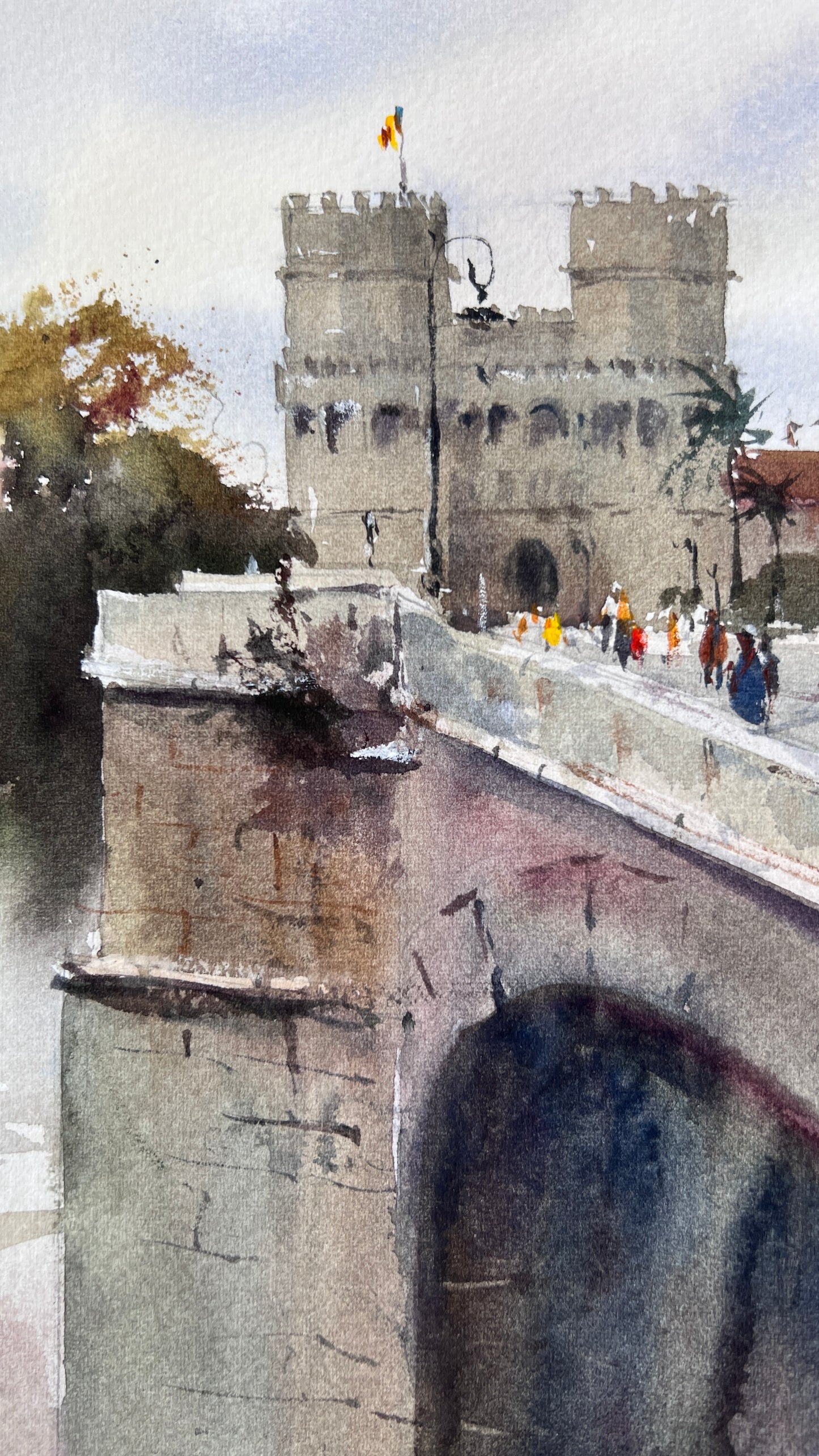 Valencia Watercolor Painting Print, Historic Bridge Torres de Serranos, Valencia Dreaming Towers 14x14.4