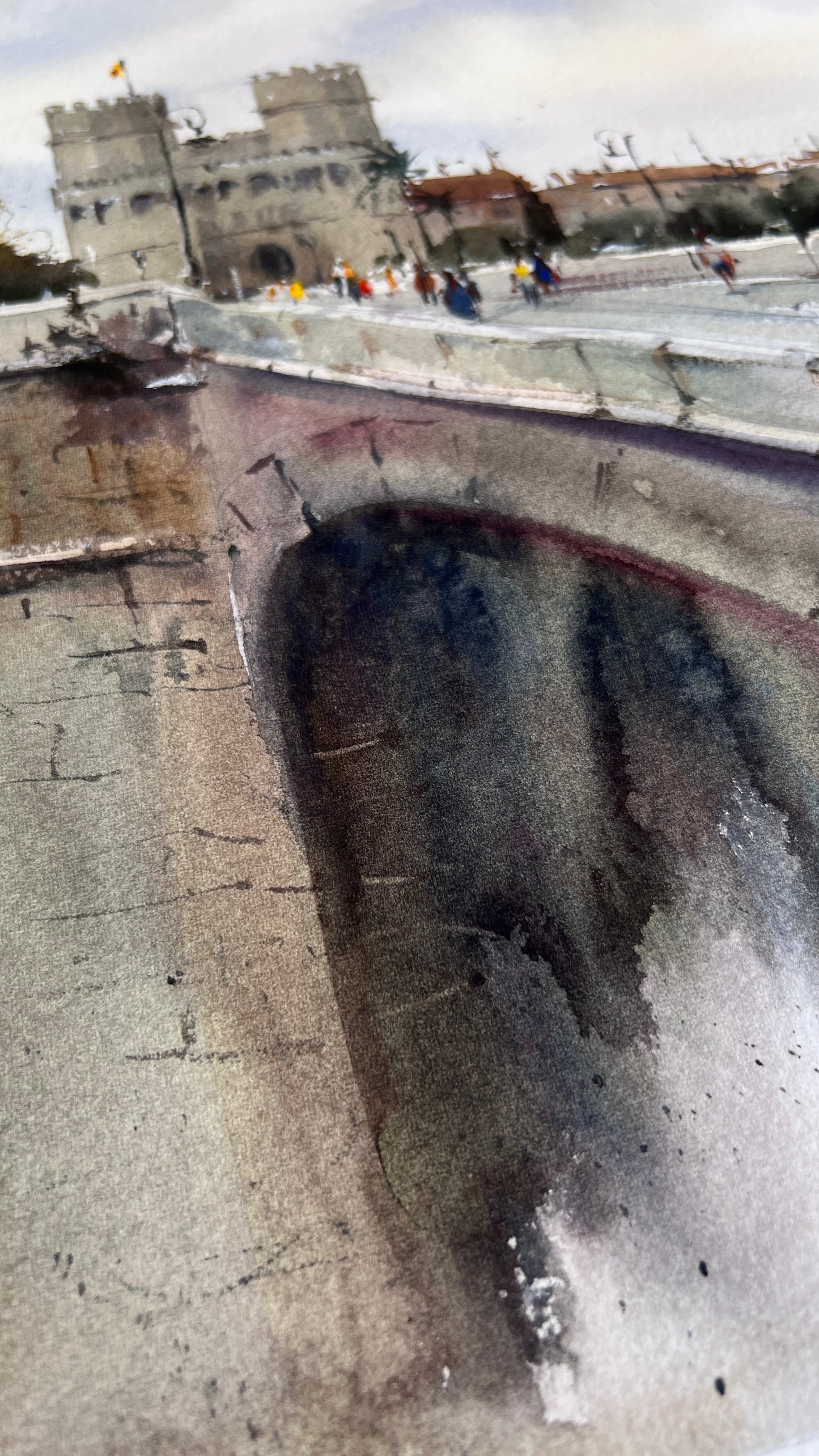 Valencia Watercolor Painting Print, Historic Bridge Torres de Serranos, Valencia Dreaming Towers 14x14.4