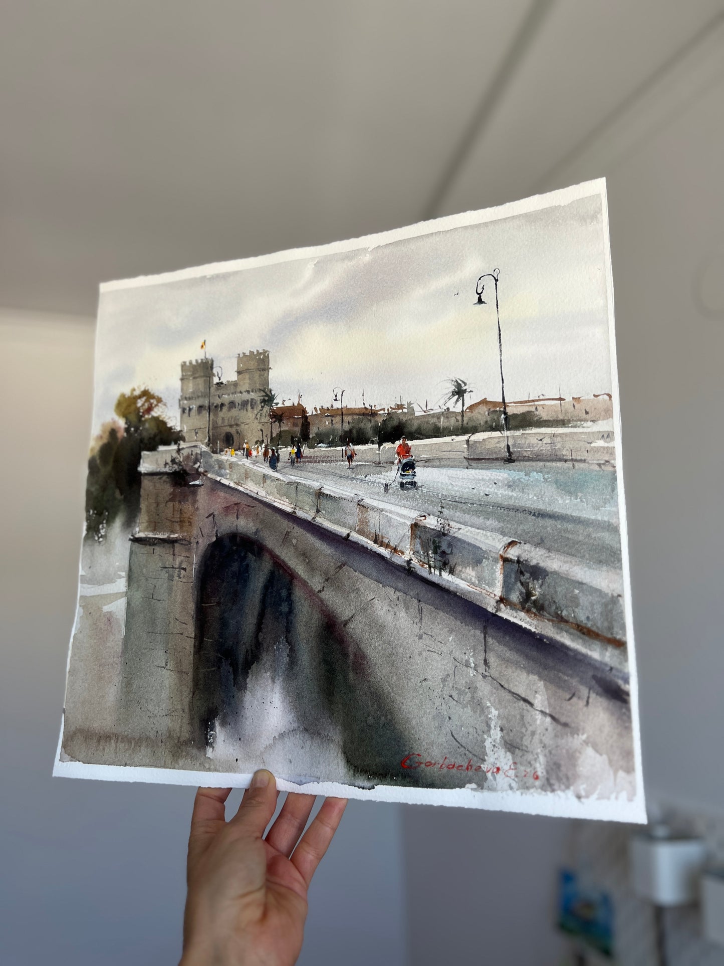Valencia Watercolor Painting Print, Historic Bridge Torres de Serranos, Valencia Dreaming Towers 14x14.4