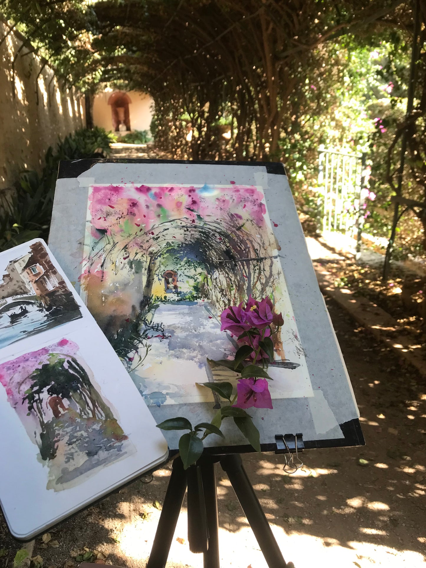 Original Watercolor Garden Arch Painting, Bougainvillea Tunnel #2, 7 x12 in
