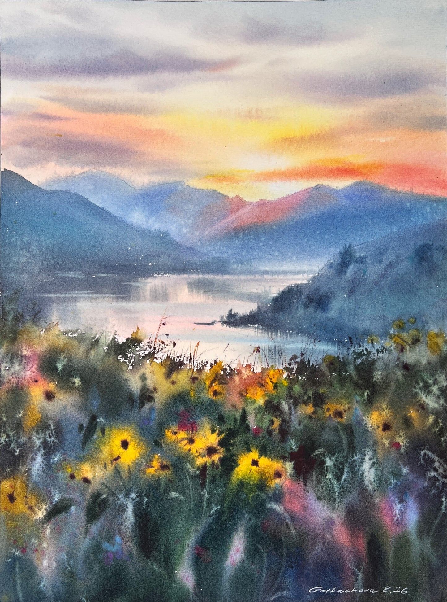 Oregon Watercolor Landscape Sunset, Mountain Lake Wildflowers, Golden Quiet Oregon 9x12