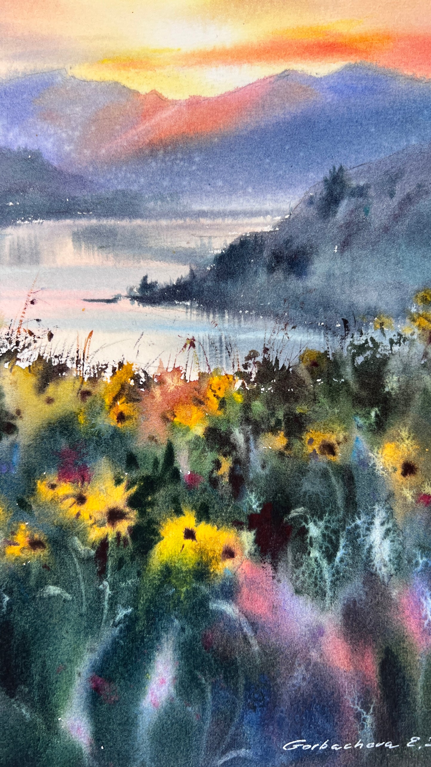 Oregon Watercolor Landscape Sunset, Mountain Lake Wildflowers, Golden Quiet Oregon 9x12