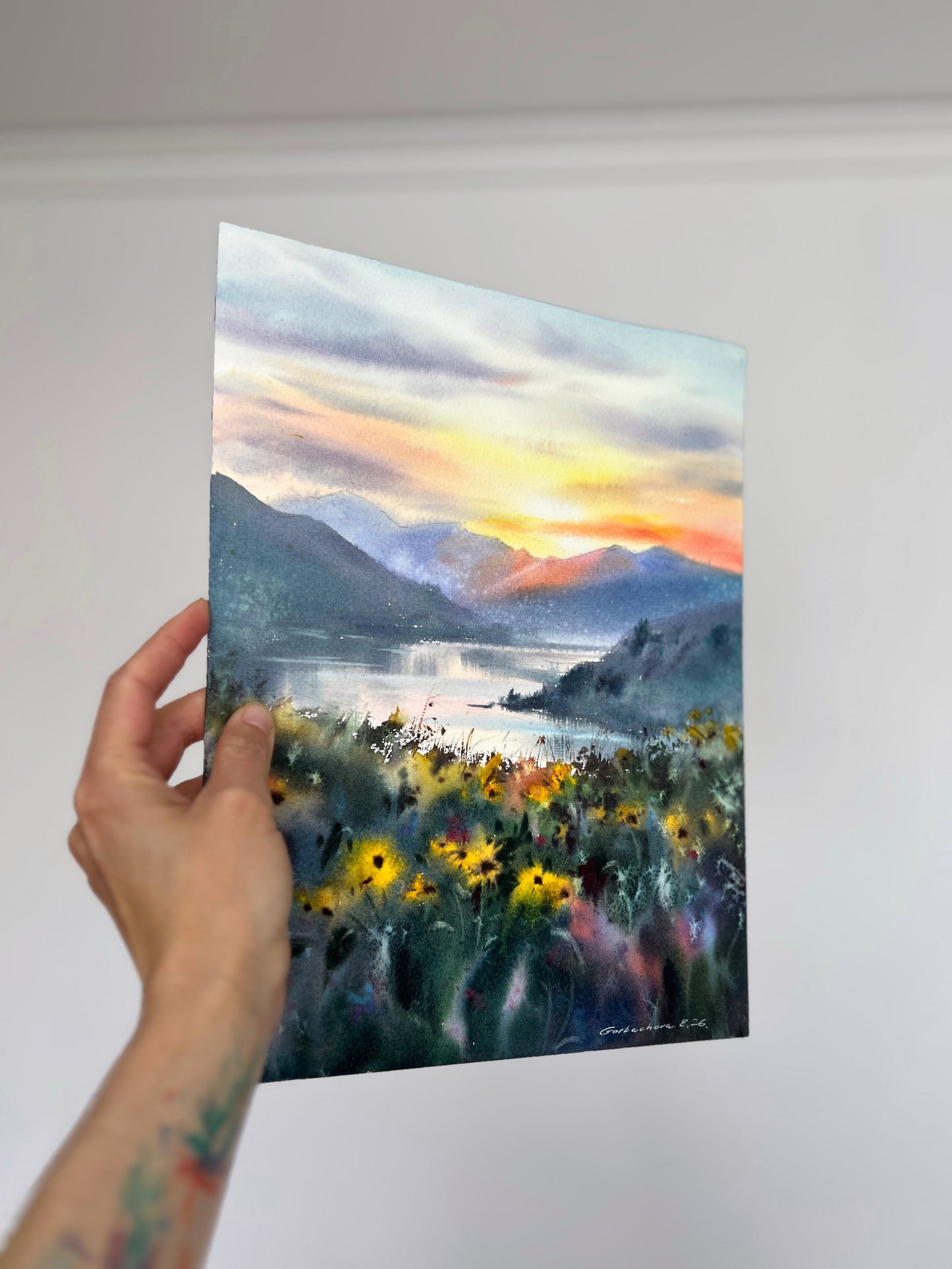 Oregon Watercolor Landscape Sunset, Mountain Lake Wildflowers, Golden Quiet Oregon 9x12