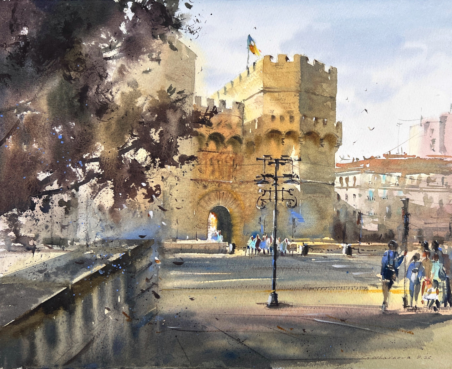 Valencia Watercolor Painting, Spanish Cityscape Art, Golden Gate Valencia 13x15 in