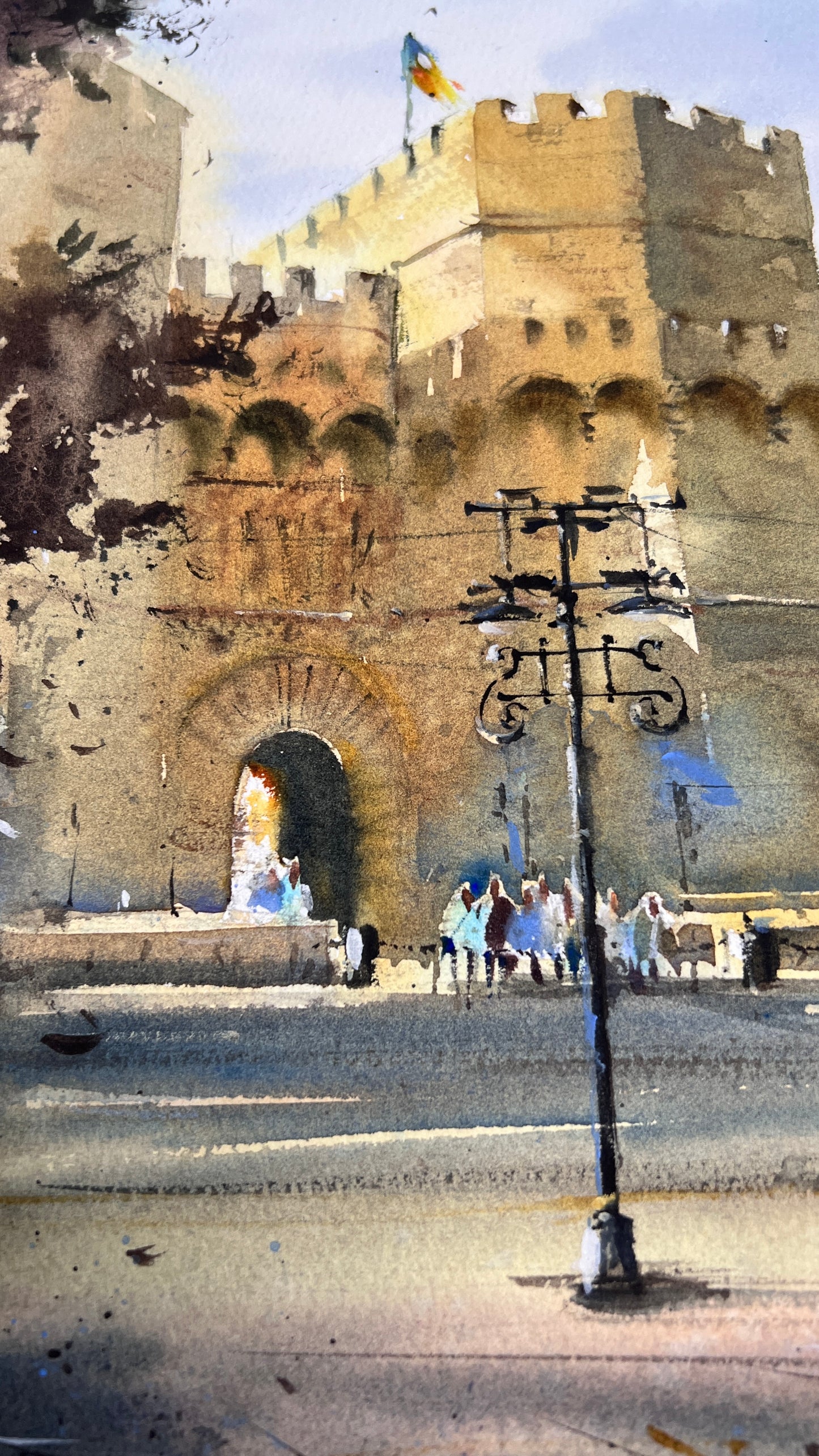 Valencia Watercolor Painting, Spanish Cityscape Art, Golden Gate Valencia 13x15 in