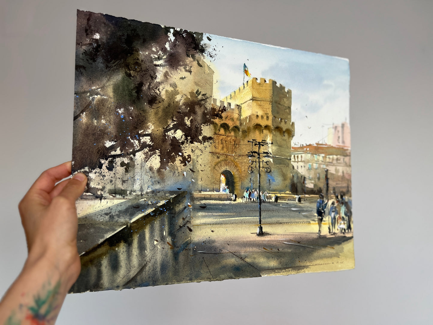 Valencia Watercolor Painting, Spanish Cityscape Art, Golden Gate Valencia 13x15 in