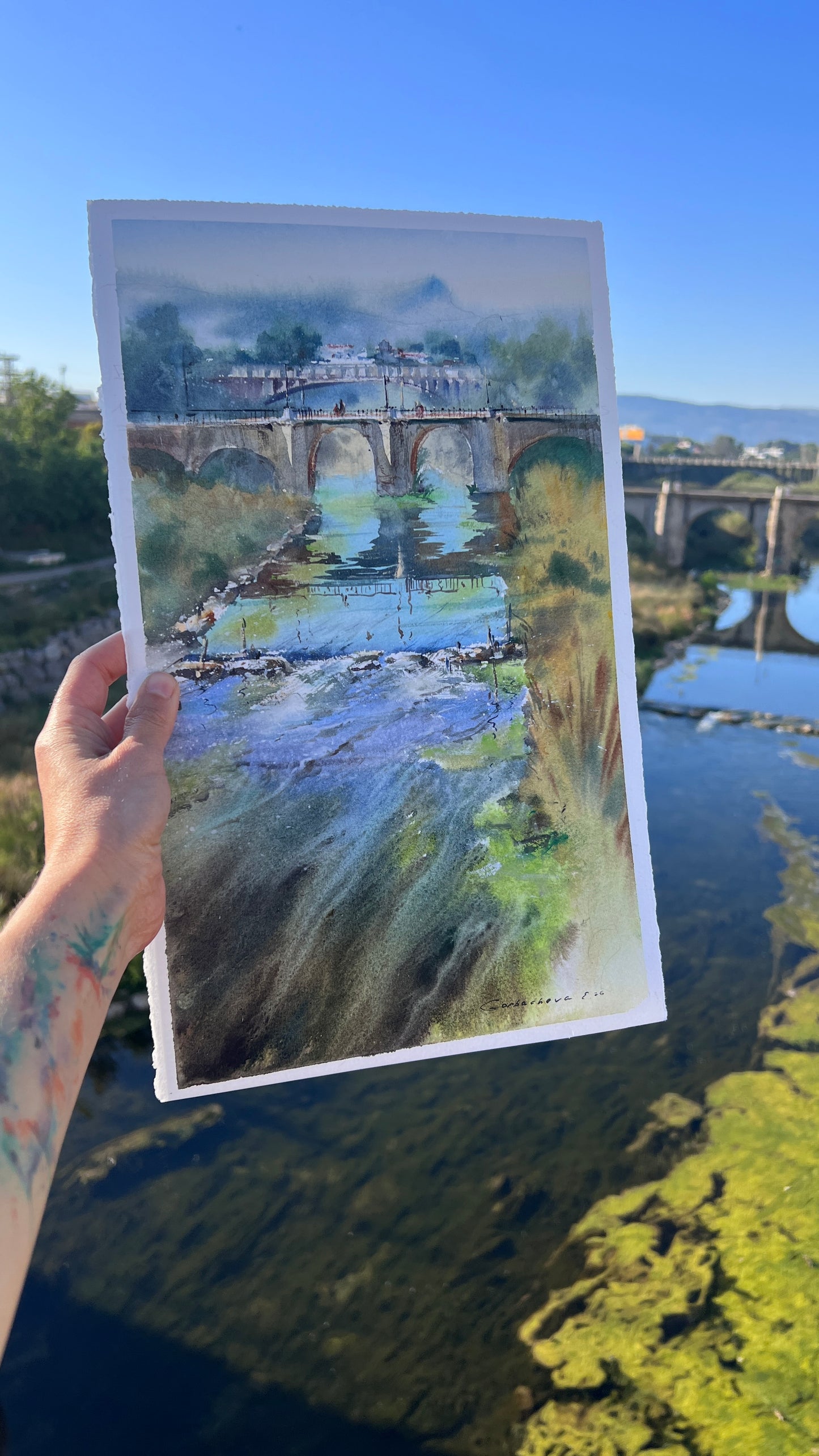 Spain Watercolor Landscape Bridge River Painting Original Art, Bridge of Quiet Waters Spain 9x15