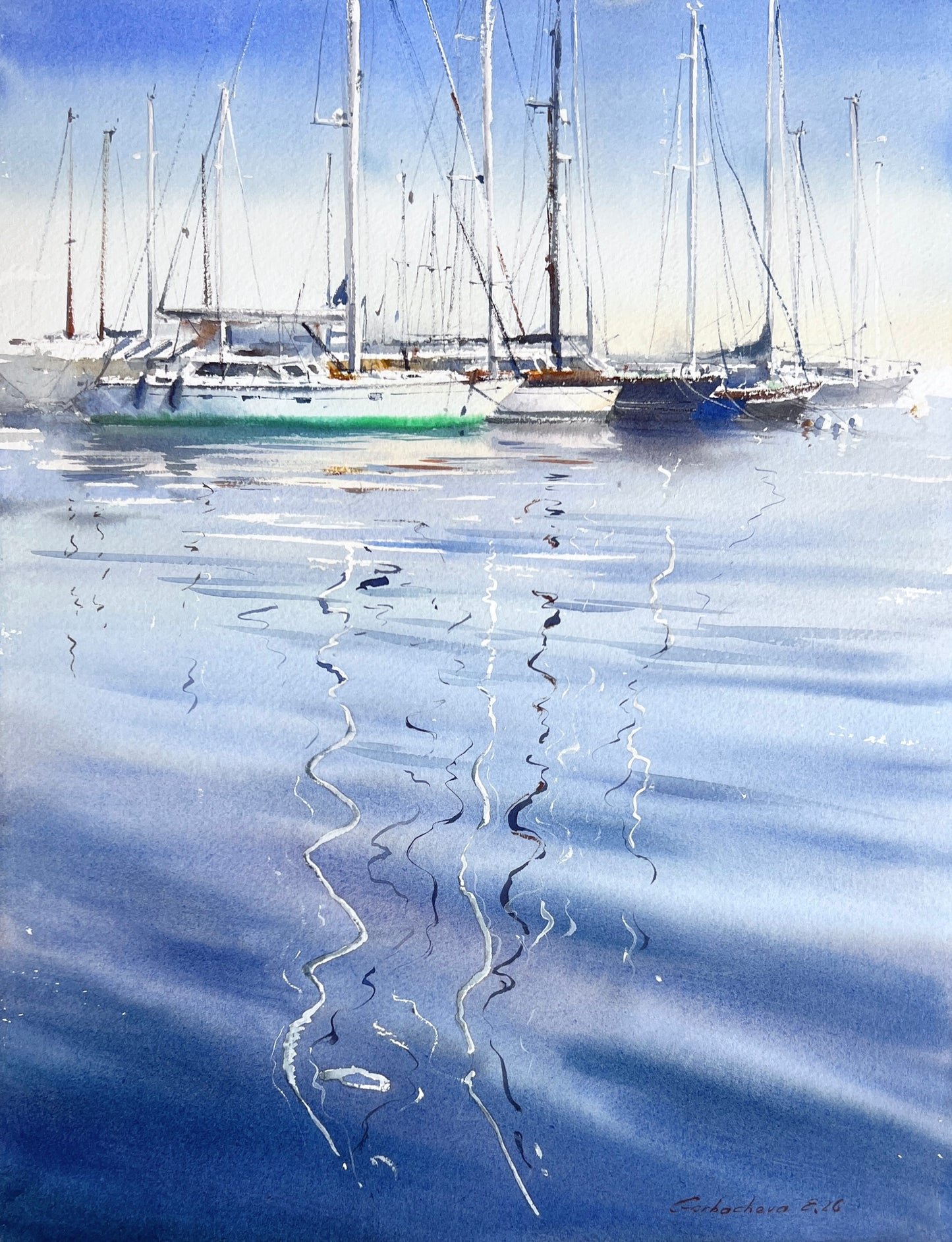 Original Watercolor Marina Painting, Sailboats Harbor Reflection, Blue Harbor Poetry 12x16