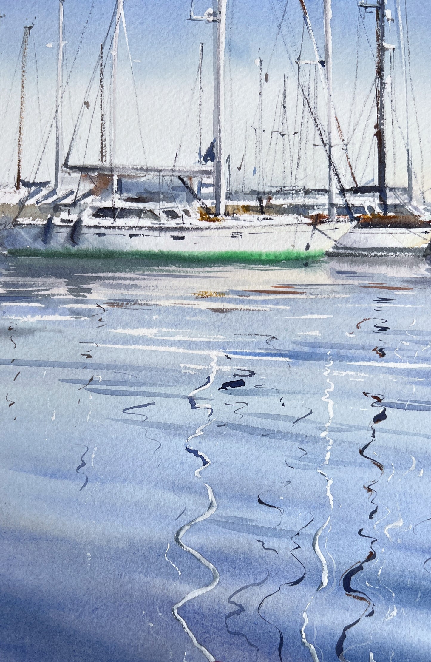 Original Watercolor Marina Painting, Sailboats Harbor Reflection, Blue Harbor Poetry 12x16