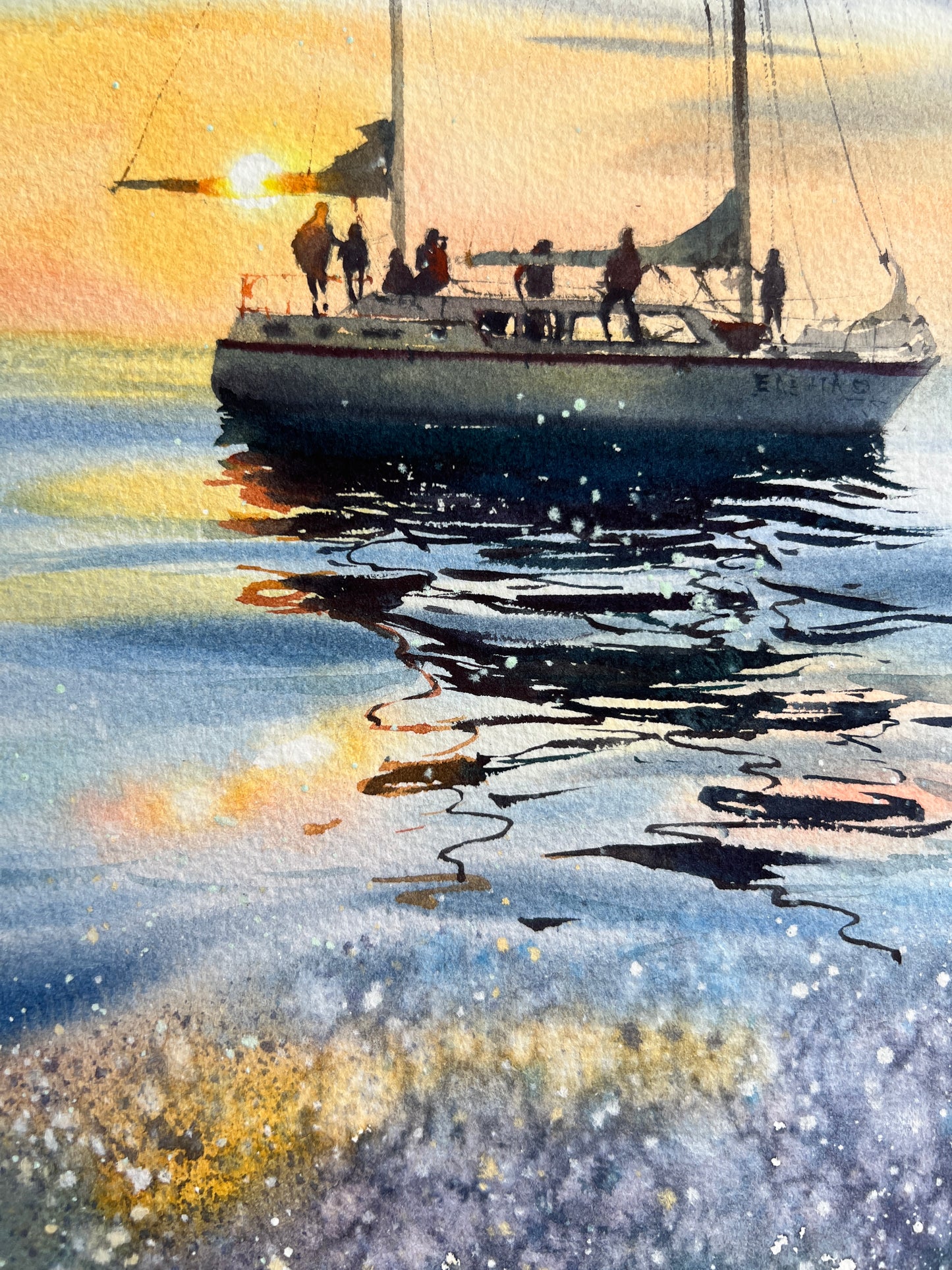 Sailboat Painting Original Watercolor, Yacht Artwork, Seascape Coastal Art, Gift, Blue