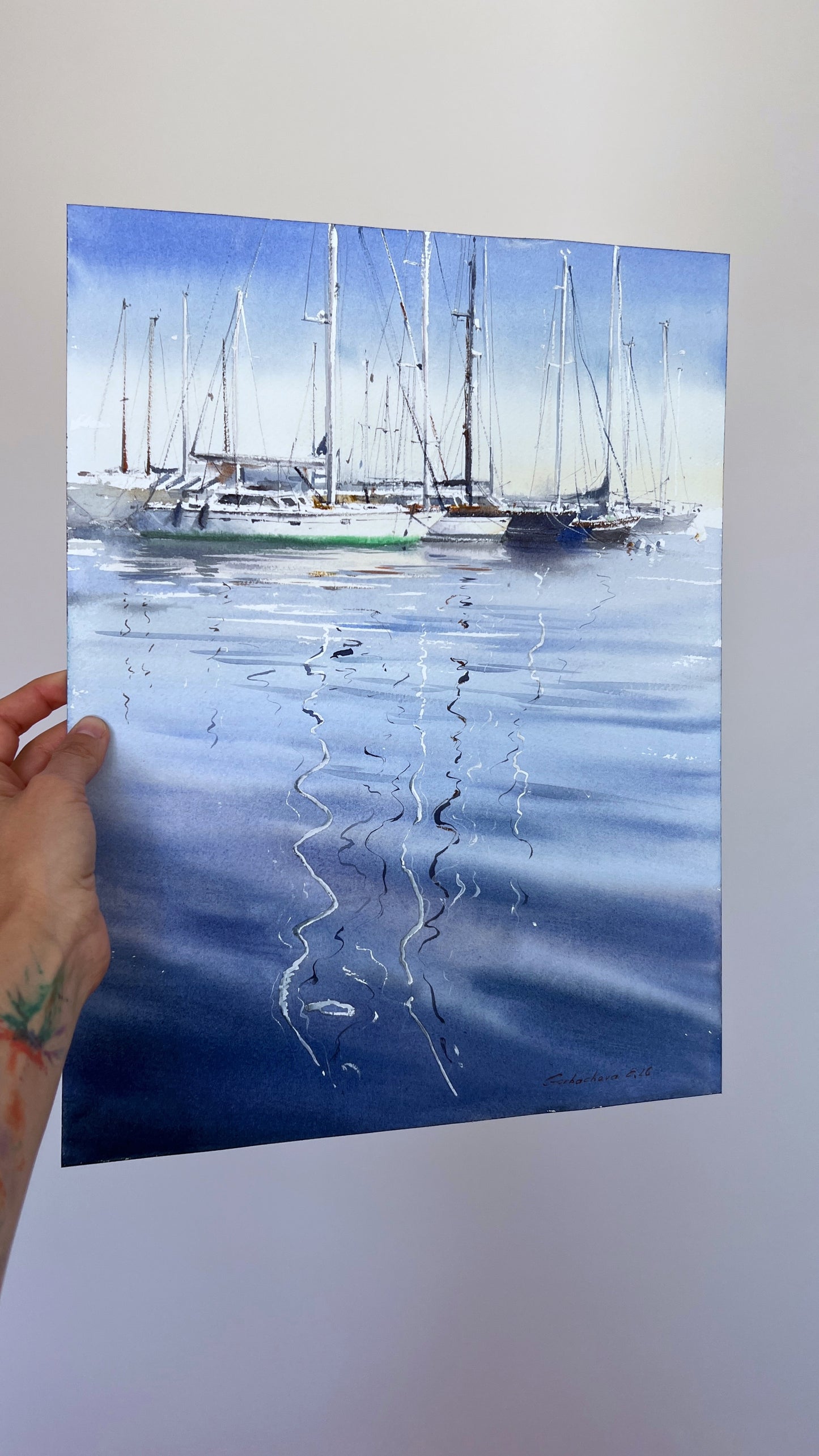 Original Watercolor Marina Painting, Sailboats Harbor Reflection, Blue Harbor Poetry 12x16