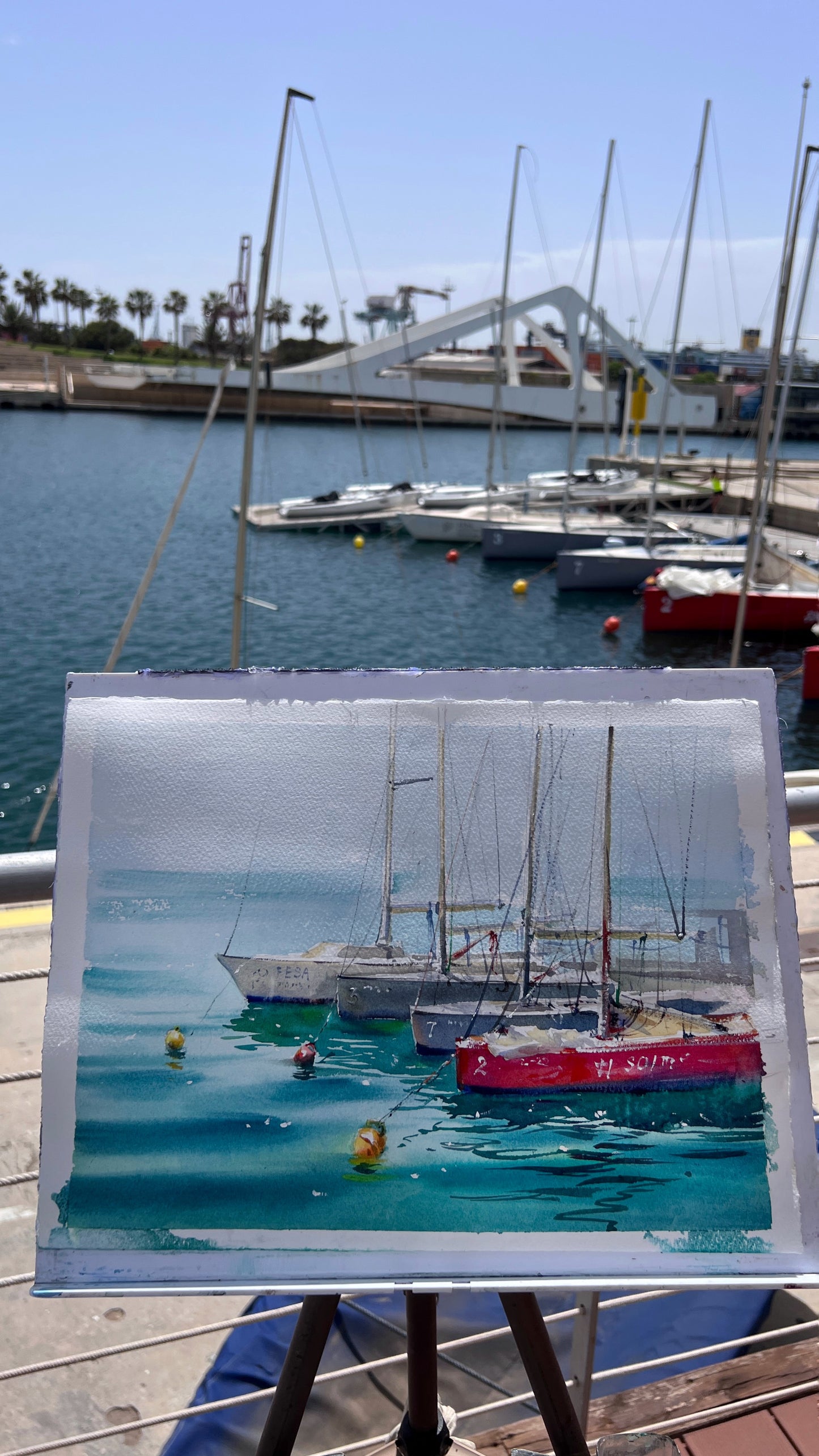 Coastal Sailboats Watercolor Painting, Seascape Marina Art, Boats on Blue Silence 11x15
