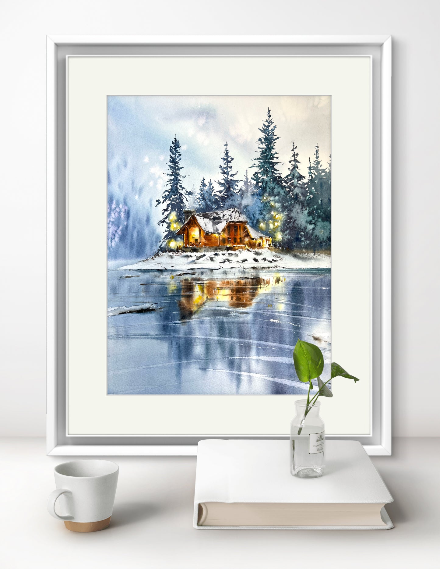 Frosty Forest Lake Watercolor Painting - Winter Wonderland Original Art