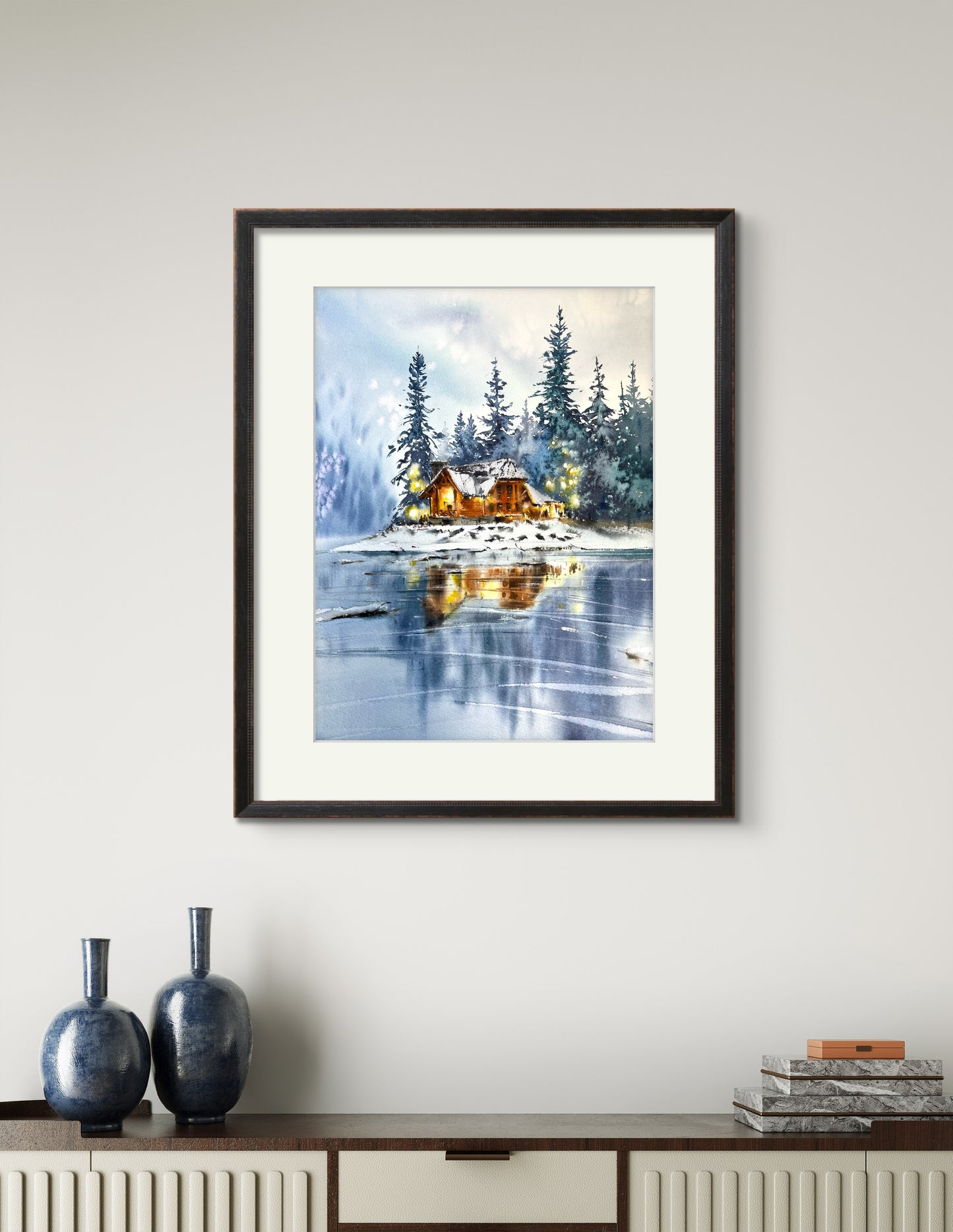 Frosty Forest Lake Watercolor Painting - Winter Wonderland Original Art