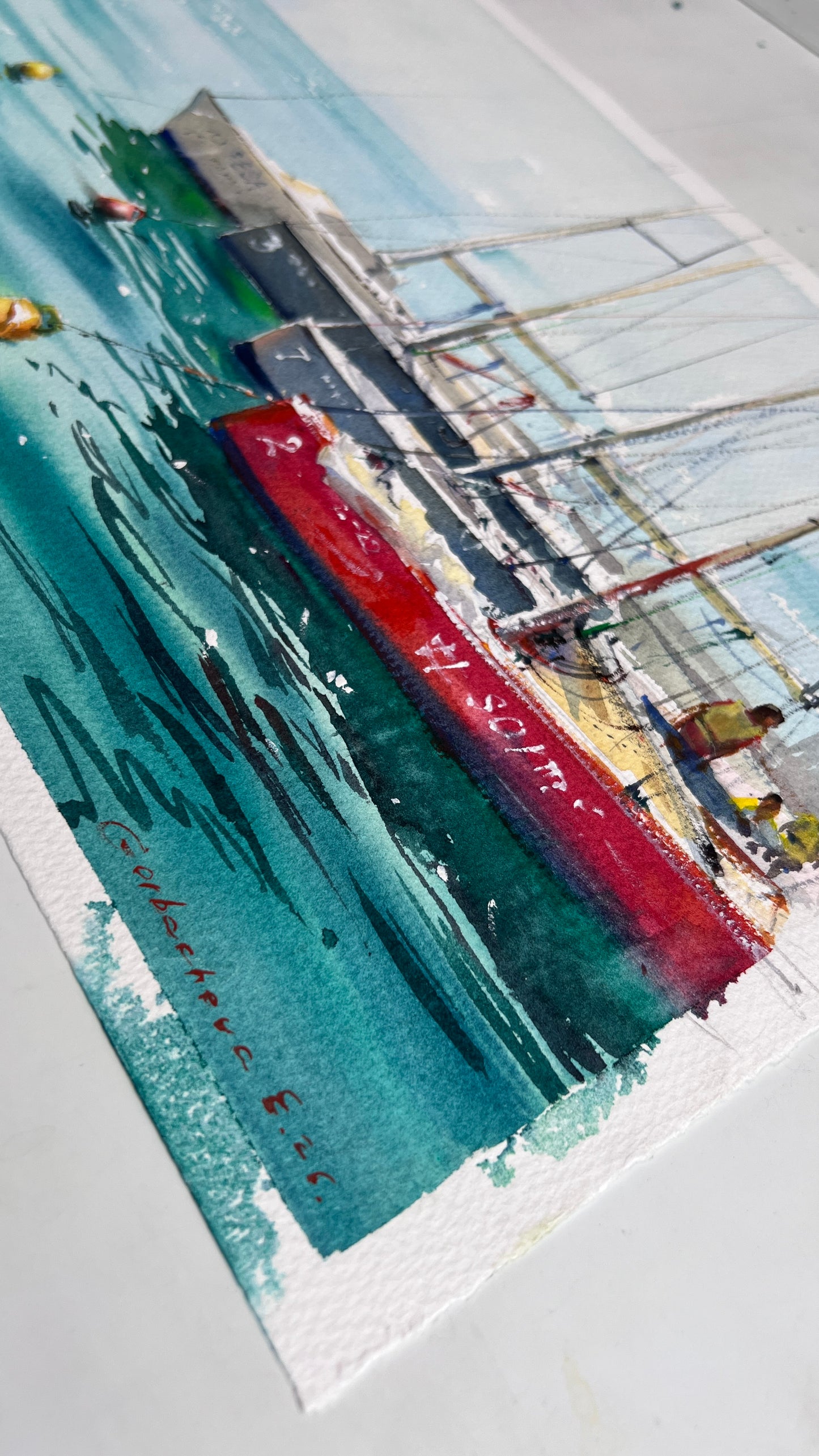 Coastal Sailboats Watercolor Painting, Seascape Marina Art, Boats on Blue Silence 11x15