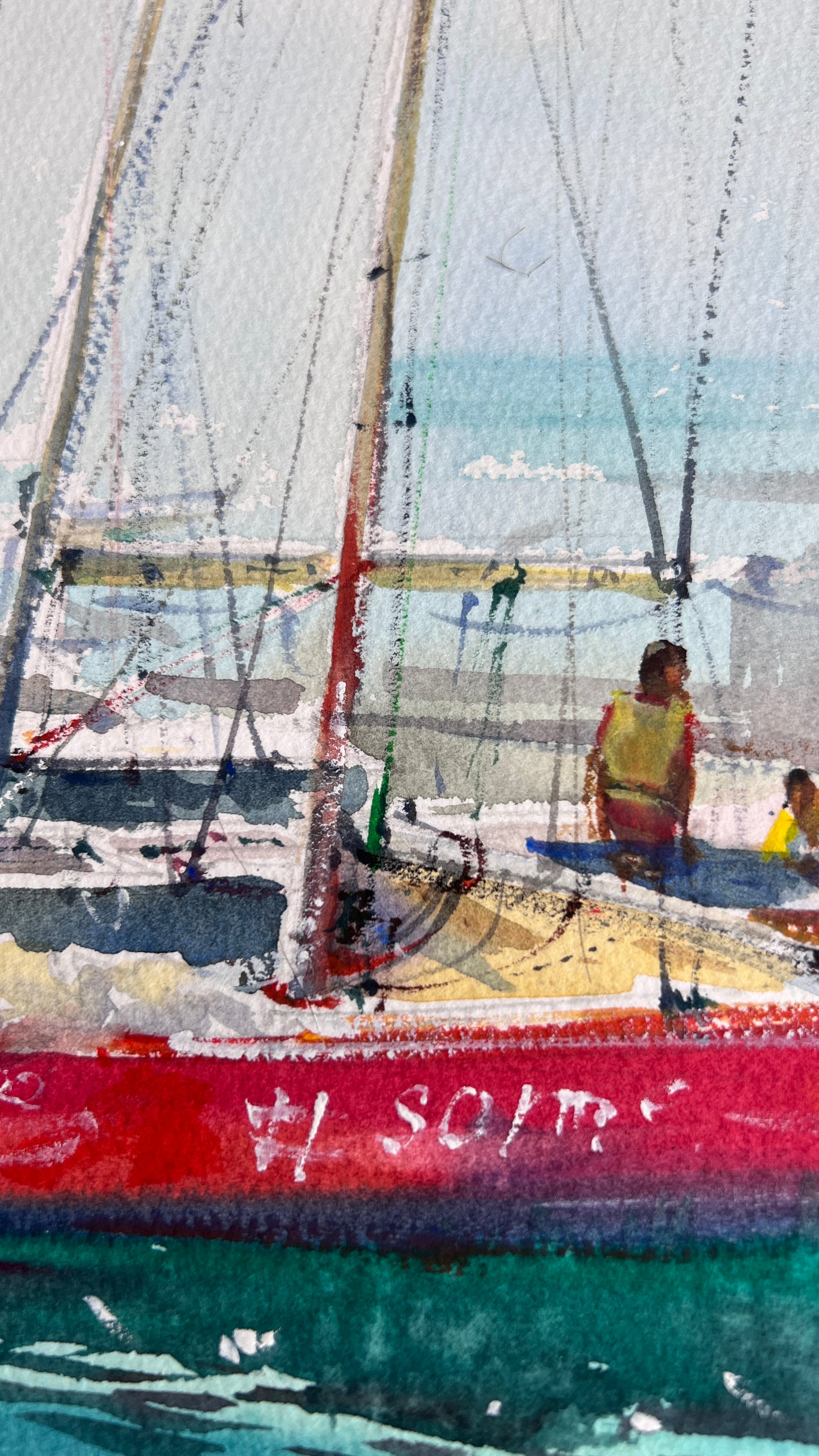 Coastal Sailboats Watercolor Painting, Seascape Marina Art, Boats on Blue Silence 11x15