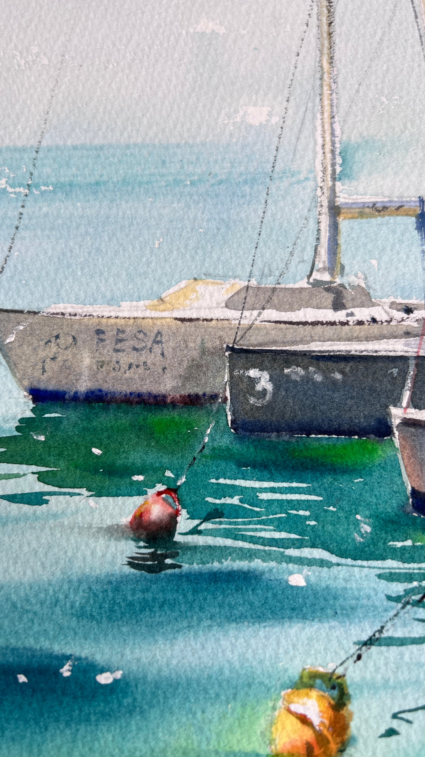 Coastal Sailboats Watercolor Painting, Seascape Marina Art, Boats on Blue Silence 11x15