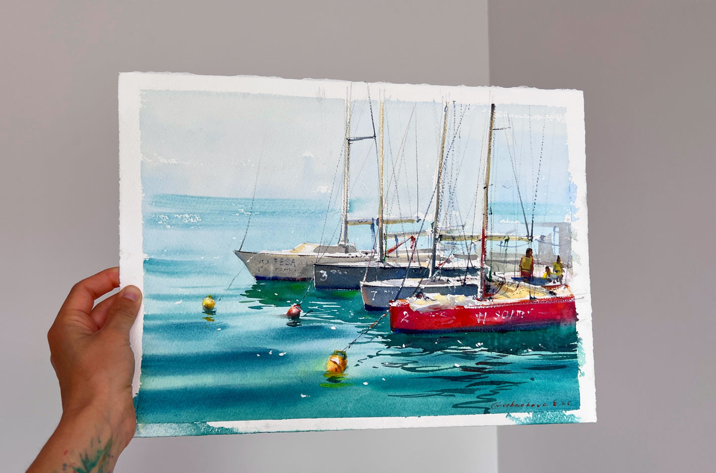 Coastal Sailboats Watercolor Painting, Seascape Marina Art, Boats on Blue Silence 11x15
