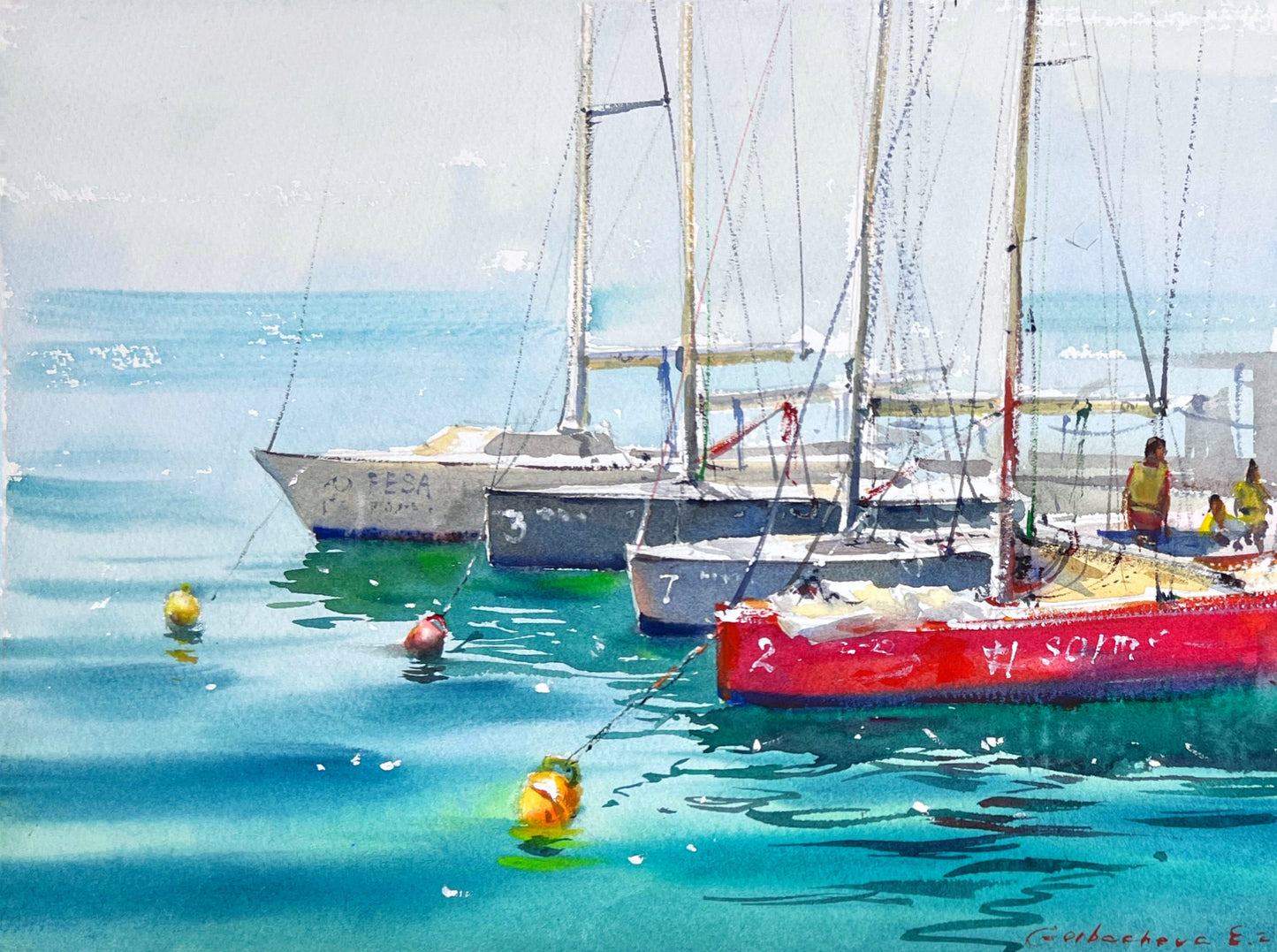 Coastal Sailboats Watercolor Painting, Seascape Marina Art, Boats on Blue Silence 11x15