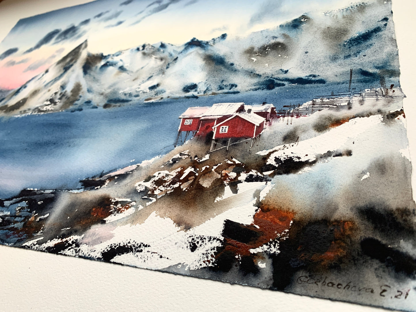 Lofoten Islands Watercolor Painting Original - Red house in the fjords - 22x15 in