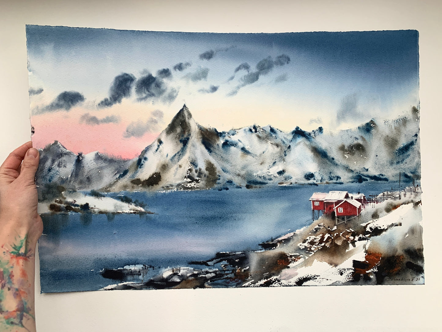 Lofoten Islands Watercolor Painting Original - Red house in the fjords - 22x15 in