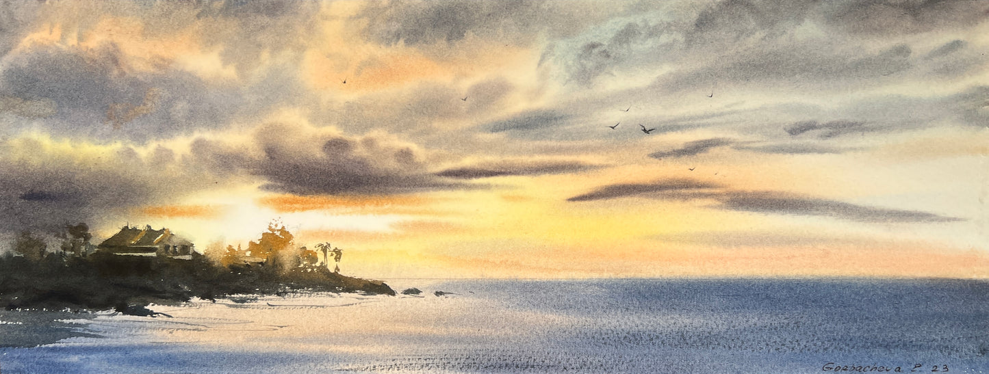 Original Watercolor Caribbean Painting, Beach Sunset, Original Art, Palm Trees, Ocean Breeze, Tropical Artwork, Seascape
