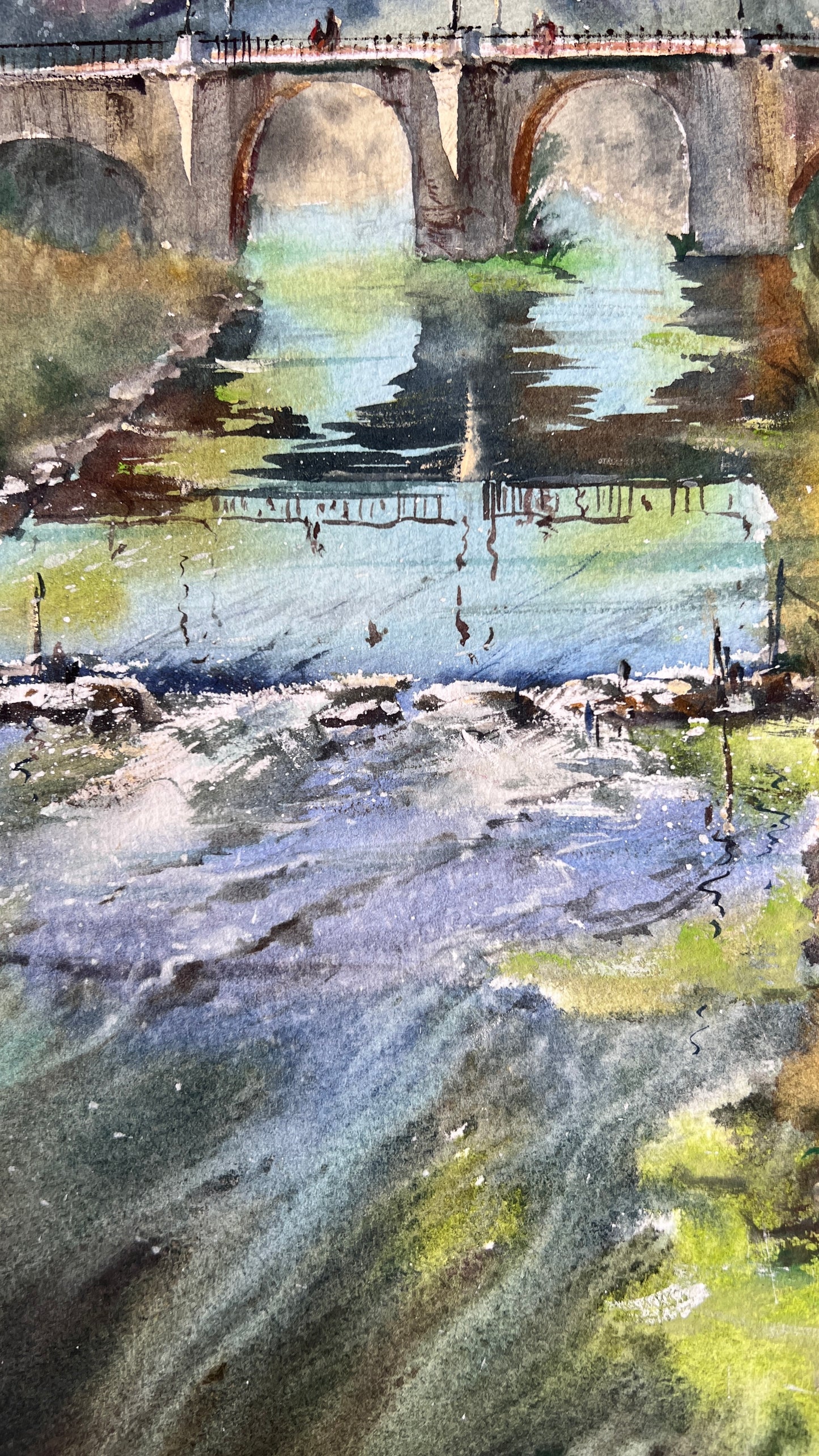 Spain Watercolor Landscape Bridge River Painting Original Art, Bridge of Quiet Waters Spain 9x15